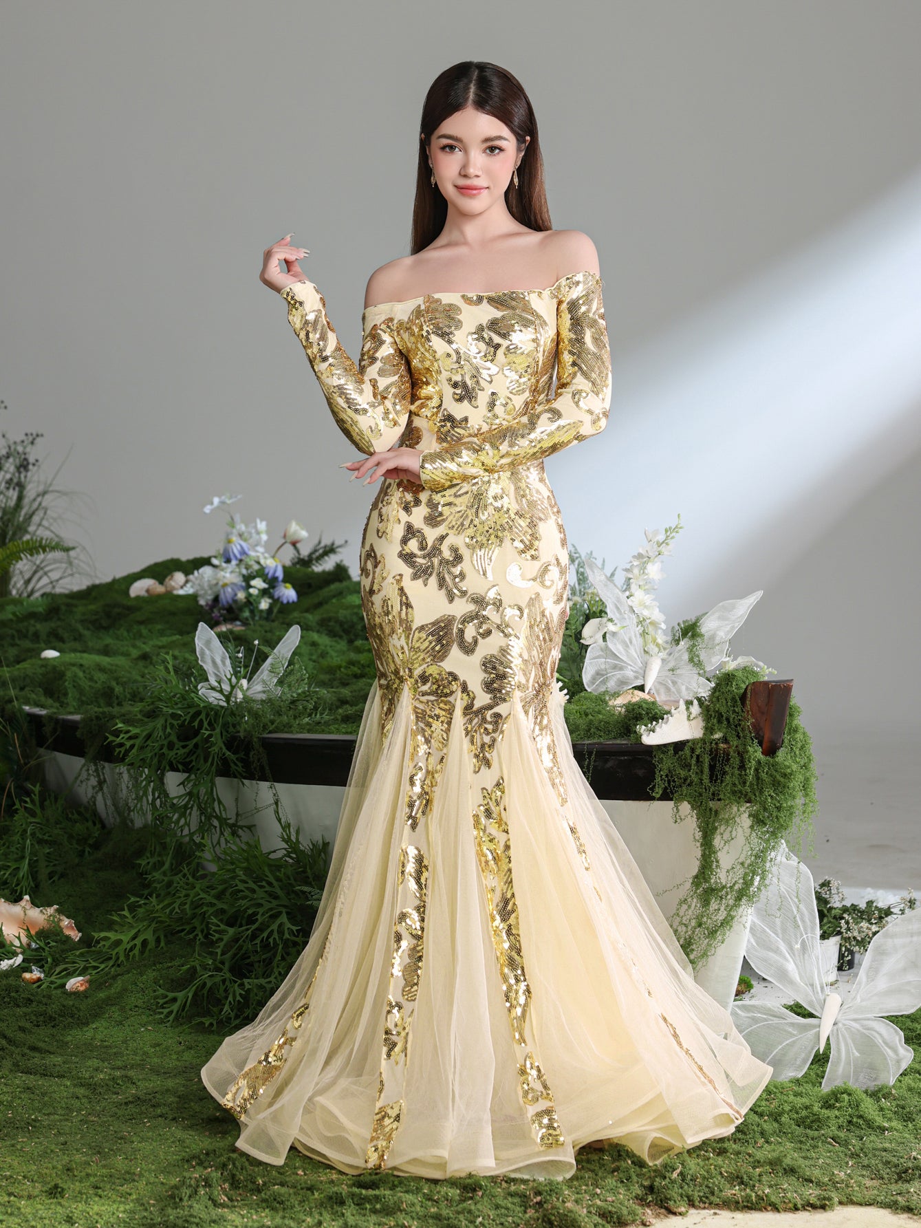 Teen Girls' Off Shoulder Long Sleeves Contrast Mesh Mermaid Hem Flora Champagne / 16Y Teen Girls' Off Shoulder Long Sleeves Contrast Mesh Mermaid Hem Flora Champagne / 16Y