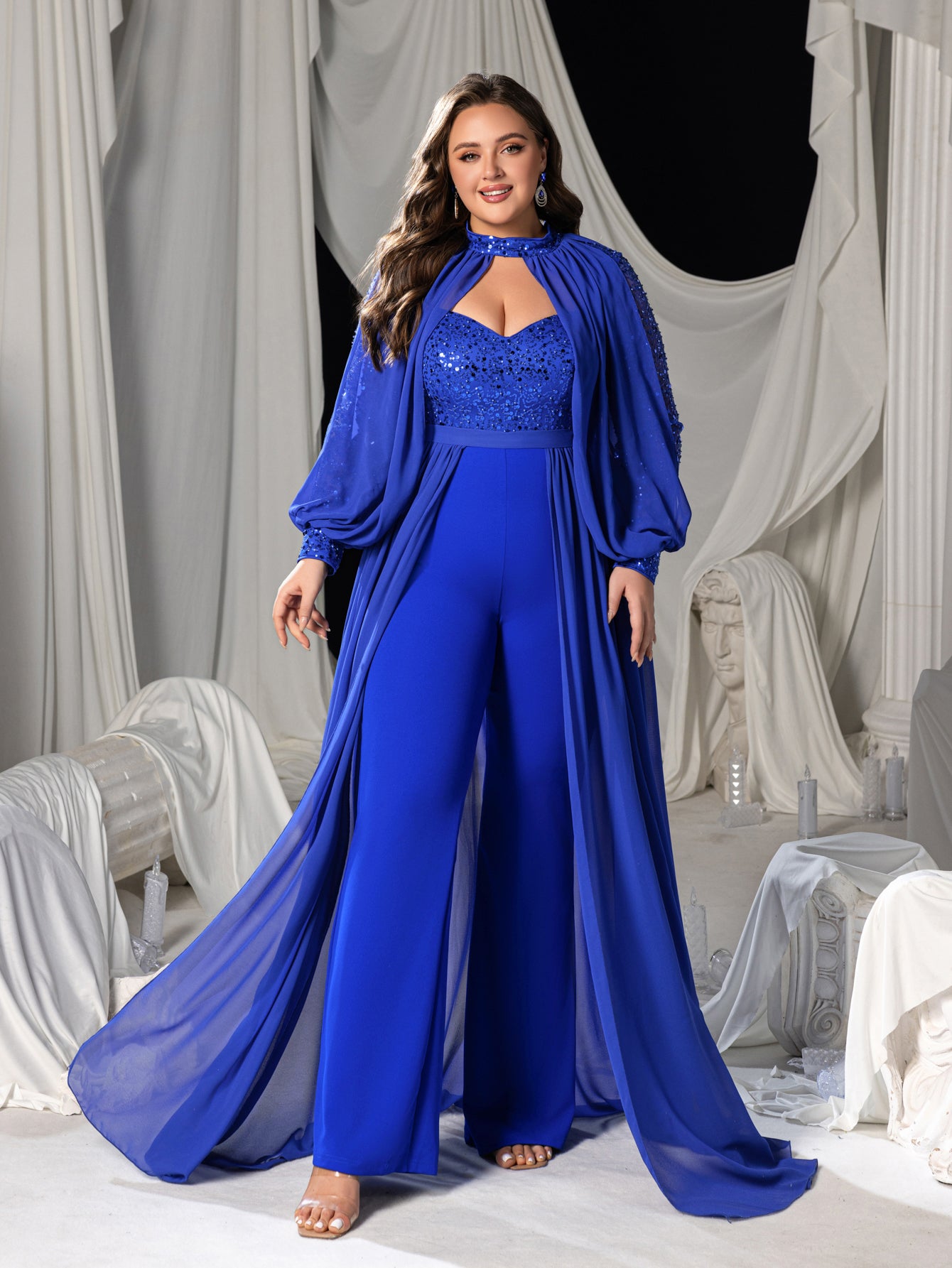 Plus Lantern Sleeves Chiffon Overlay Sequin Party Jumpsuit Royal Blue / 3XL Plus Lantern Sleeves Chiffon Overlay Sequin Party Jumpsuit Royal Blue / 3XL