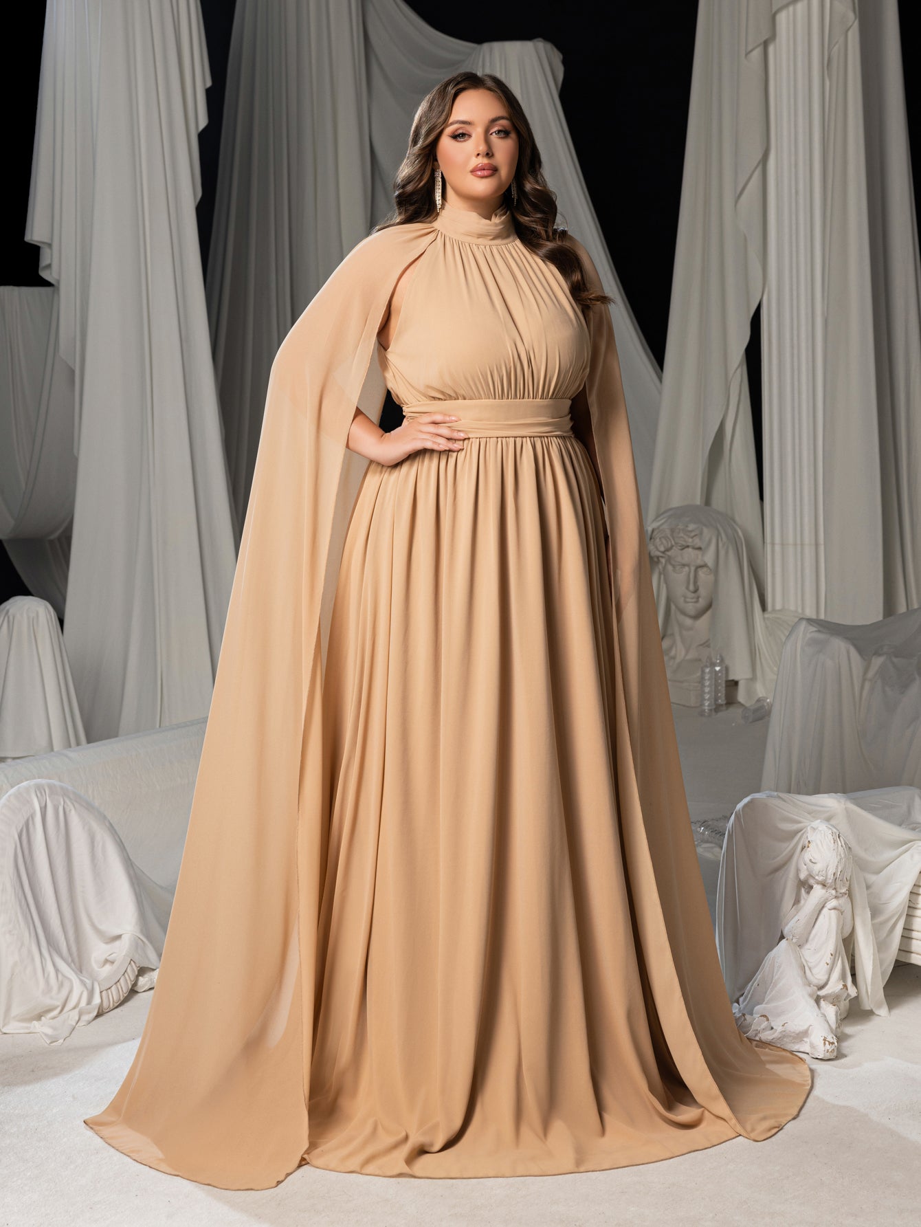Plus Mock Neck Cloak Sleeves Chiffon Formal Cape Dress Faeriesty Plus Mock Neck Cloak Sleeves Chiffon Formal Cape Dress Faeriesty