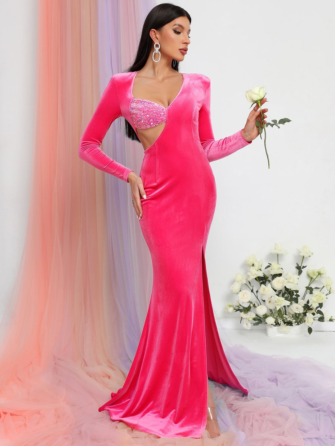 Elegant Cut Out Waist Long Sleeve Velvet Prom Dress