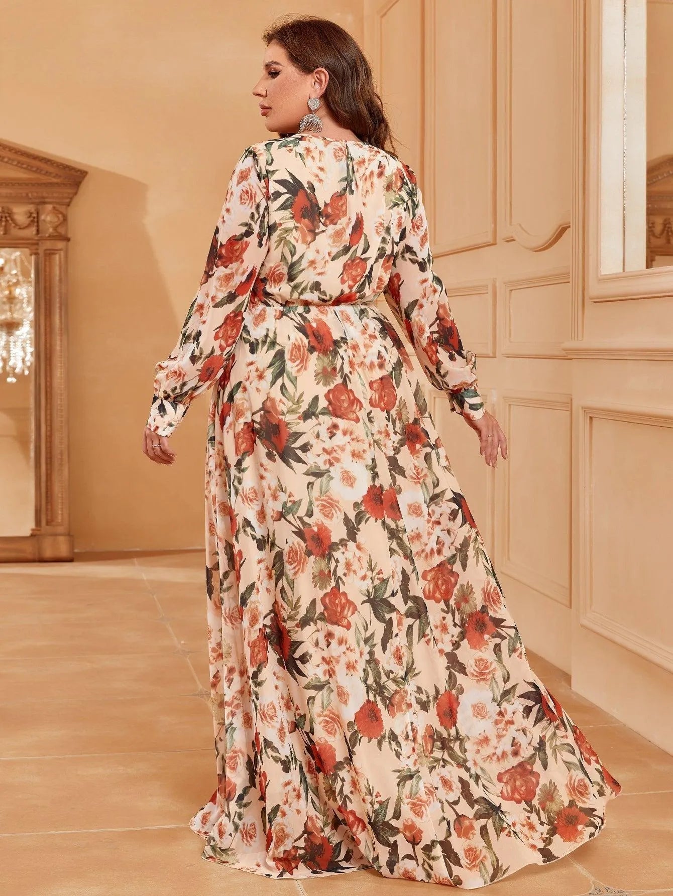 Plus V Neck Long Sleeve Floral Chiffon Belted Dress Apricot / 4XL