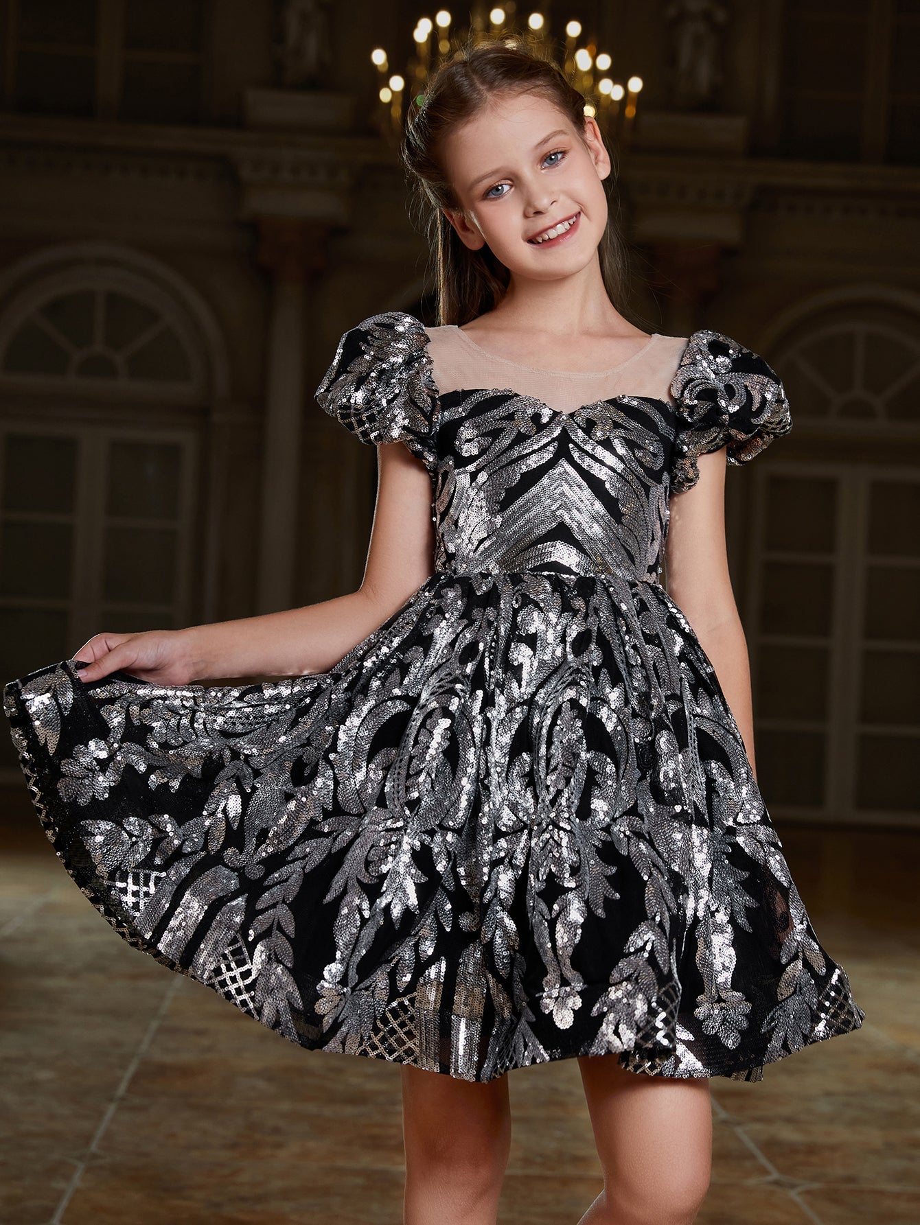 Girl's Puff Sleeve Contrast Mesh Sequin Party Dress