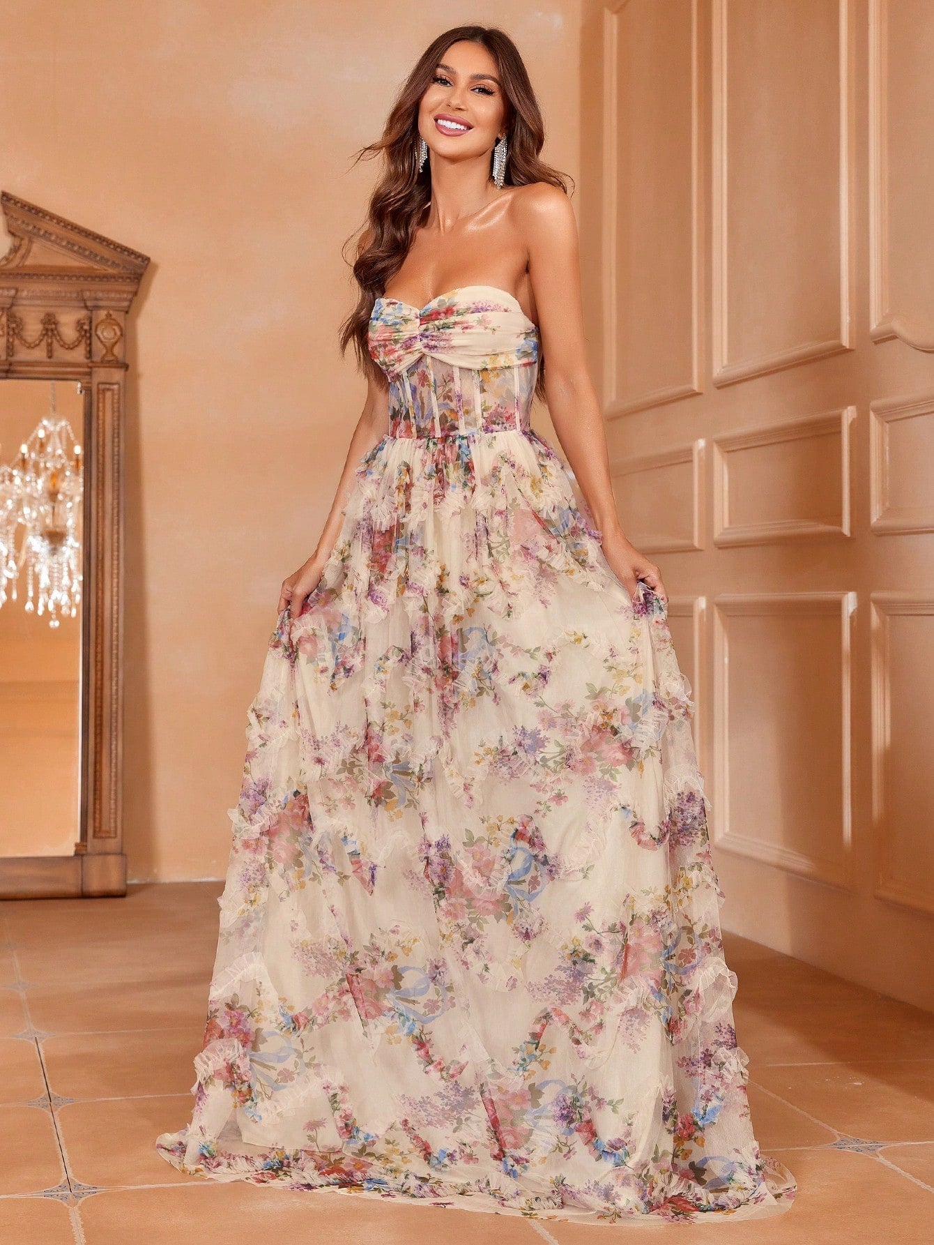 Ruched Bustier Ruffle Trim Hem Floral Print Tube Dress Apricot / M