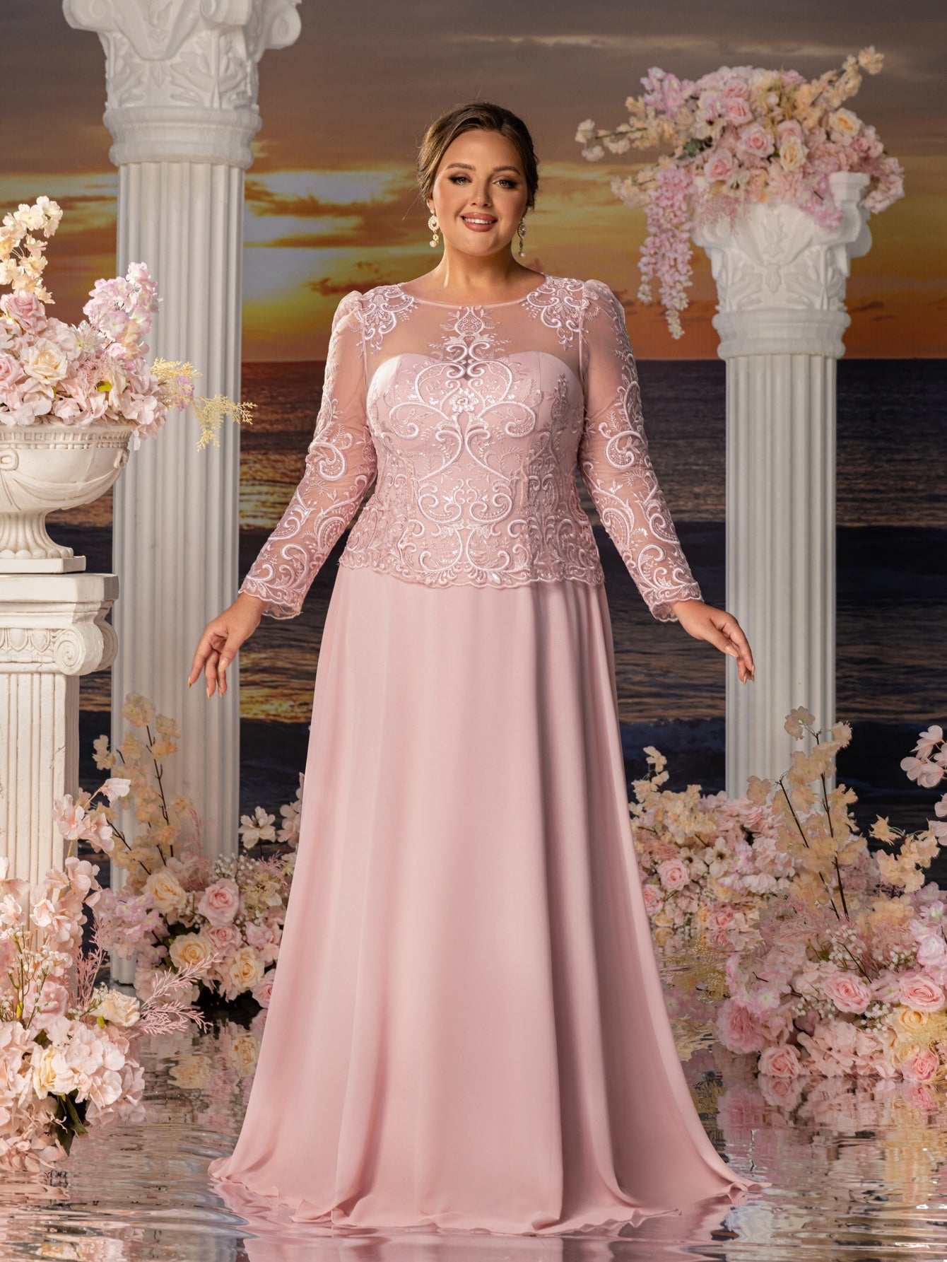 Plus Womens' Elegant Evening Gowns: Lace & Chiffon with Boat Neckline and Floral Embroidery – Timeless Formal Occasion Dresses