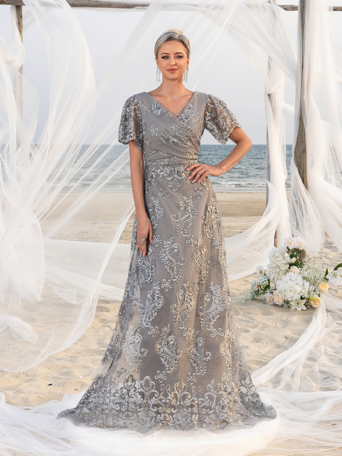 Womens' Elegant V-Neck Evening Gown with Delicate Lace & Silver Embroidery – Long Flowing Skirt for Seaside Weddings & Romantic Beach Events