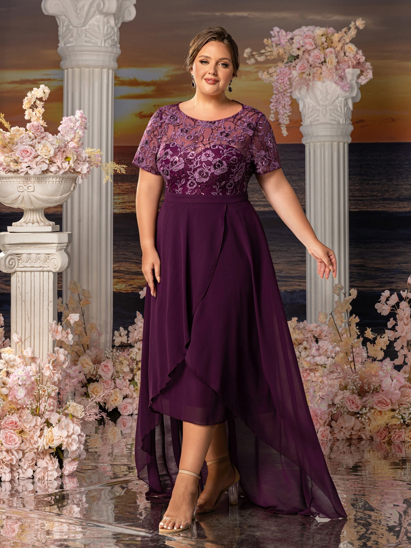 Plus Womens' Elegant Mother-of-the-Bride Gown: Embroidered Sequin Bodice with Asymmetric Chiffon Skirt – Formal Dress for Beach Weddings & Evening Galas