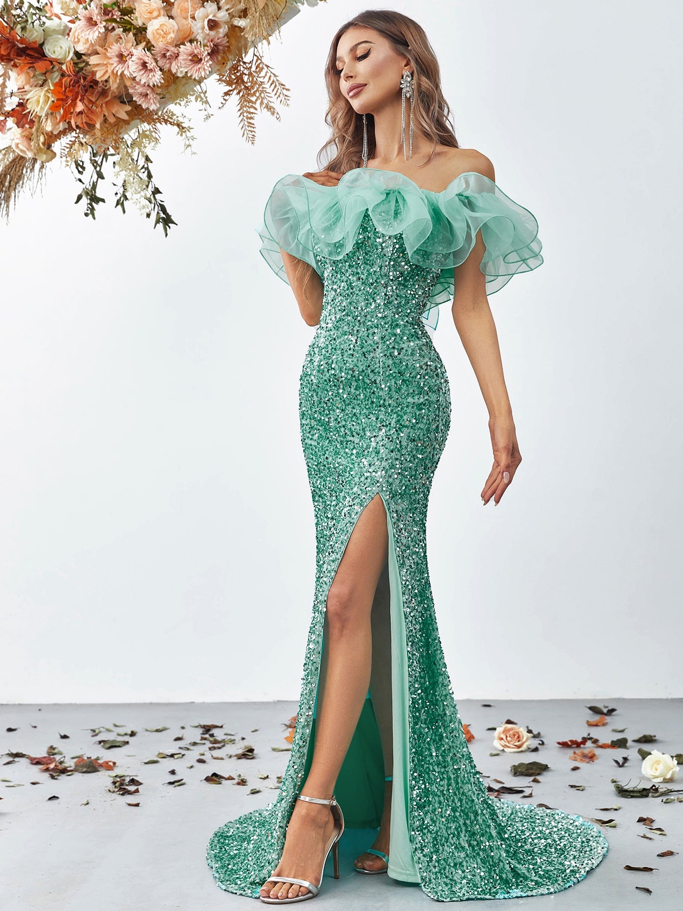 Elegant Off Shoulder Ruffle Trim Split Thigh Sequin Mermaid Dresses