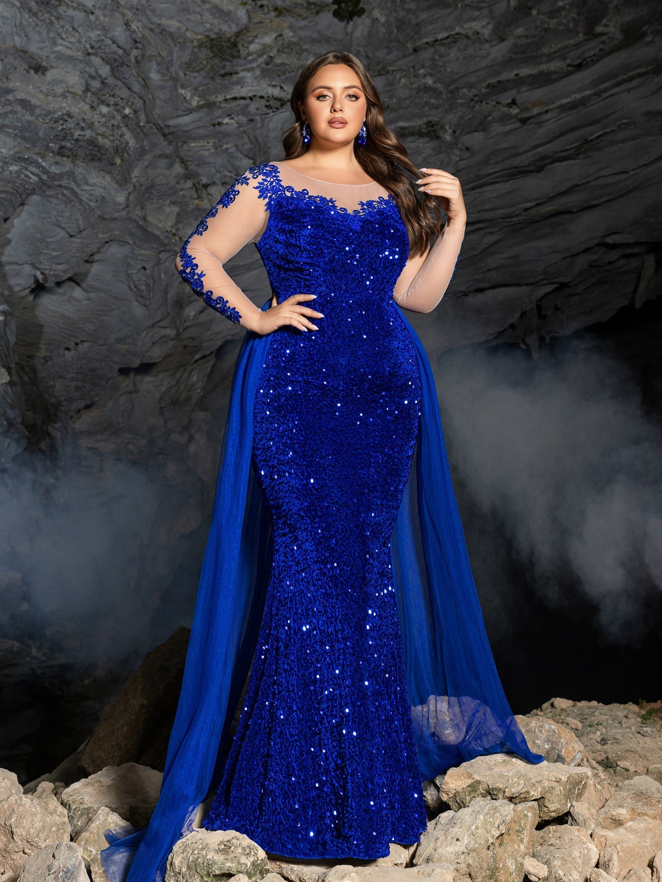 Plus Gorgeous Sequin Mermaid Evening Gown - Illusion Neckline Formal Dress with Long Lace Sleeves & Train
