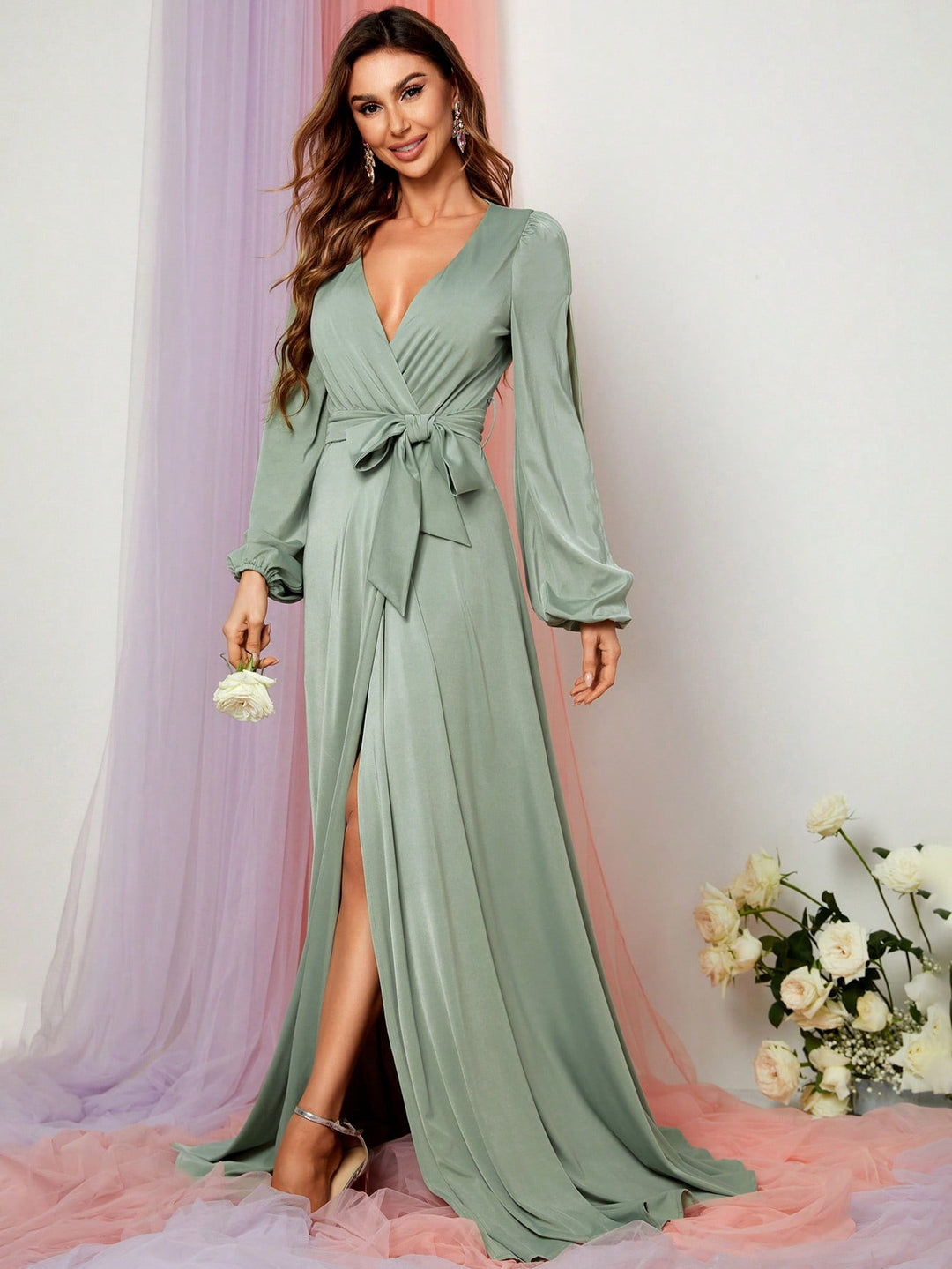 Elegant V Neck Slit Long Sleeve A-Line Dress