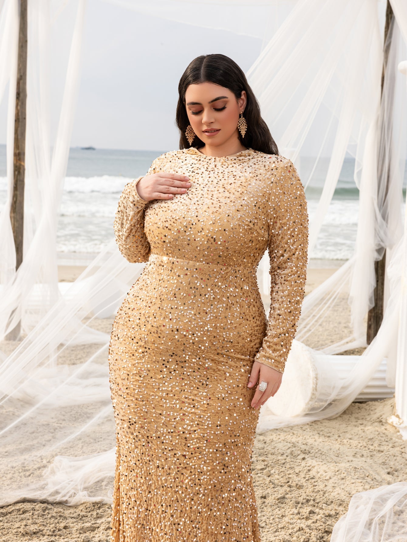 Plus Elegant Maxi Sequin Evening Gown with Mock Neck, Long Sleeves, and Mermaid Fishtail Skirt