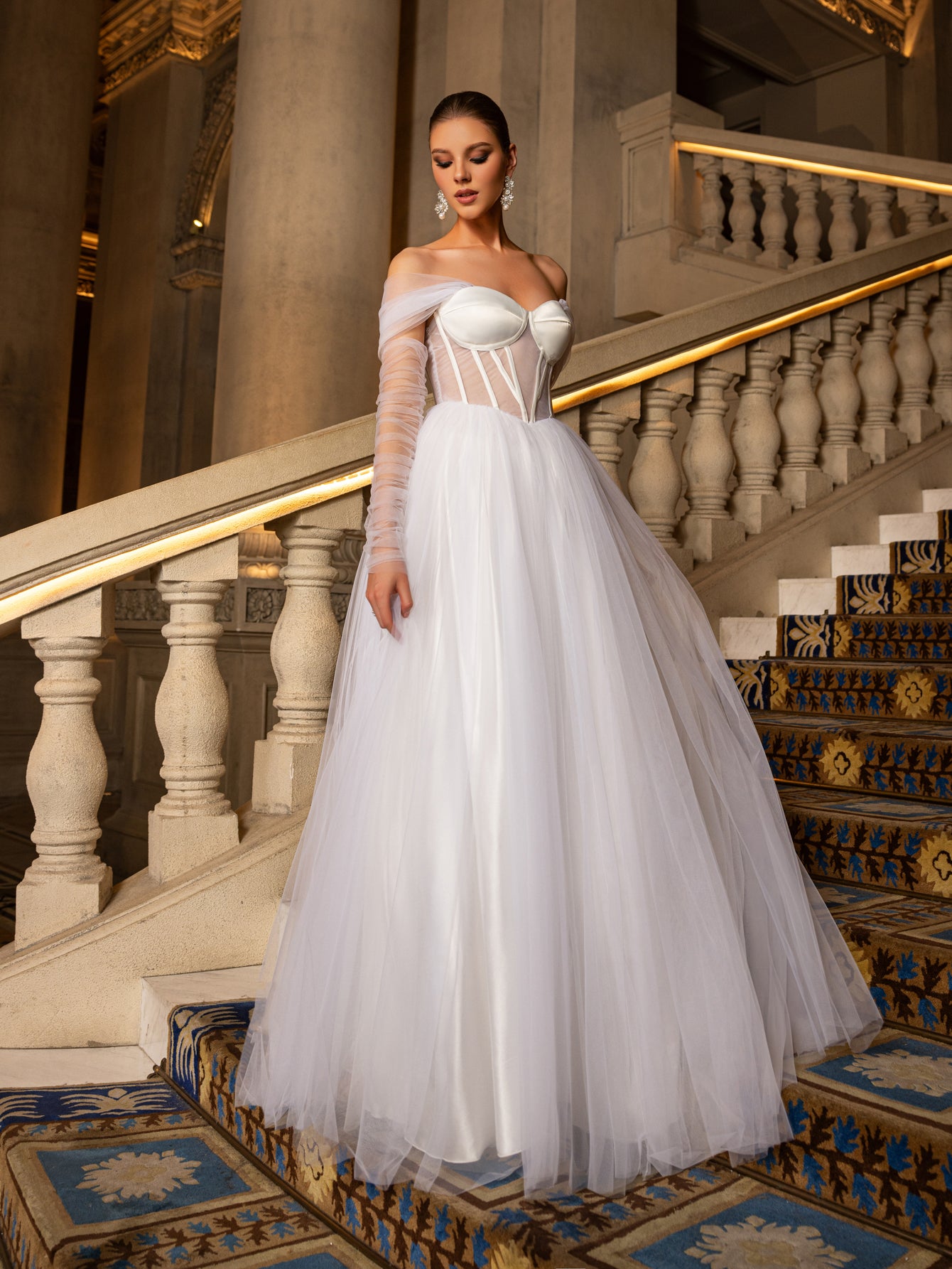 Elegant Off Shoulder Sheer Sleeves Tulle Evening Gown Wedding Dress