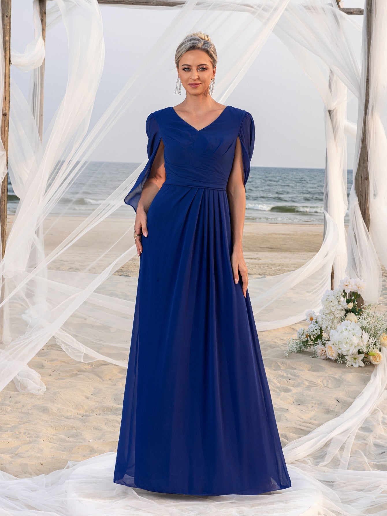 Womens' V-Neck Long-Sleeve Evening Gown with Short Flutter Sleeves – Flowing Tulle Shawl for Outdoor Ceremonies, Formal Garden Parties & Upscale Evening Events