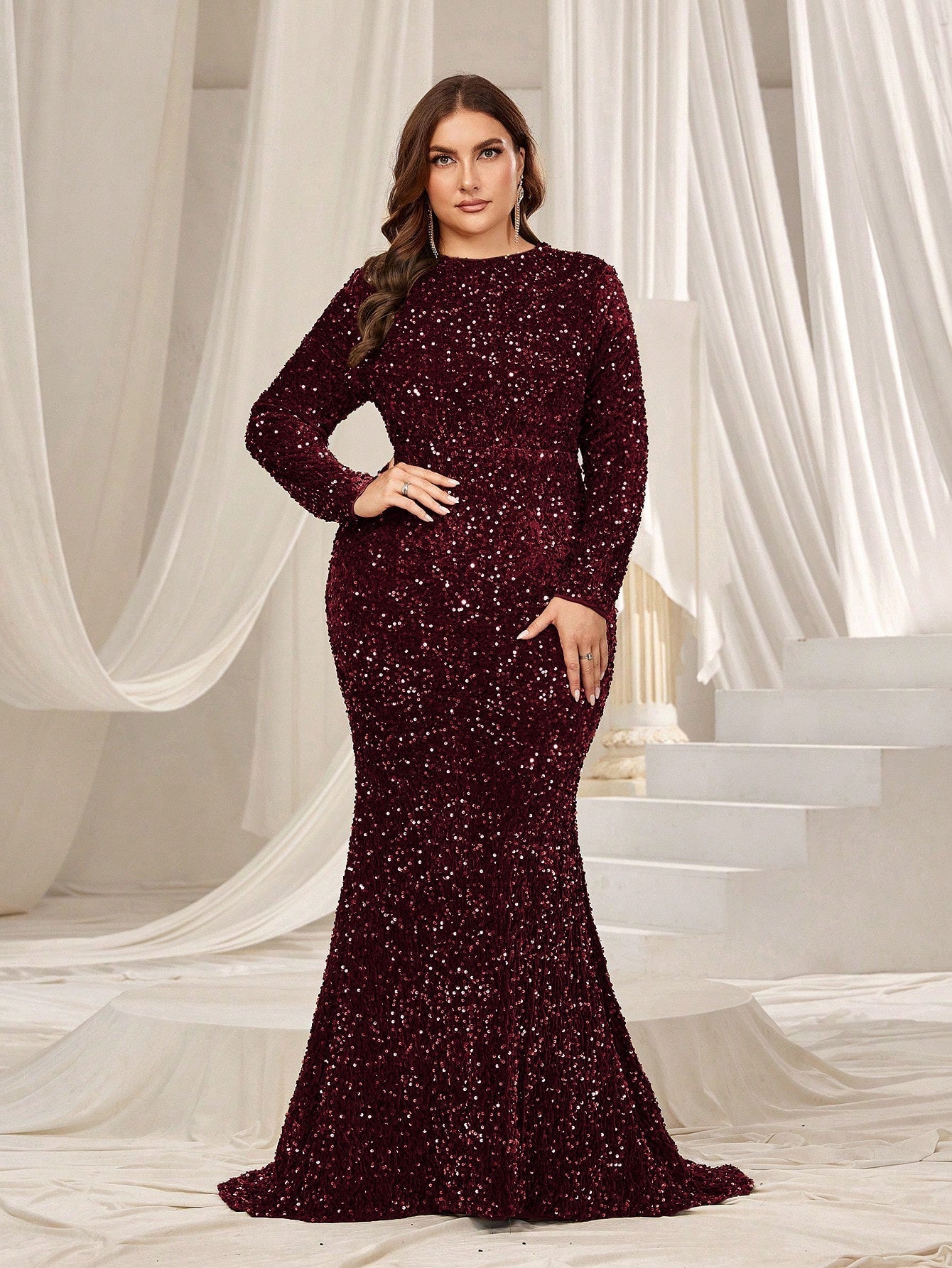 Plus Elegant Maxi Sequin Evening Gown with Mock Neck, Long Sleeves, and Mermaid Fishtail Skirt