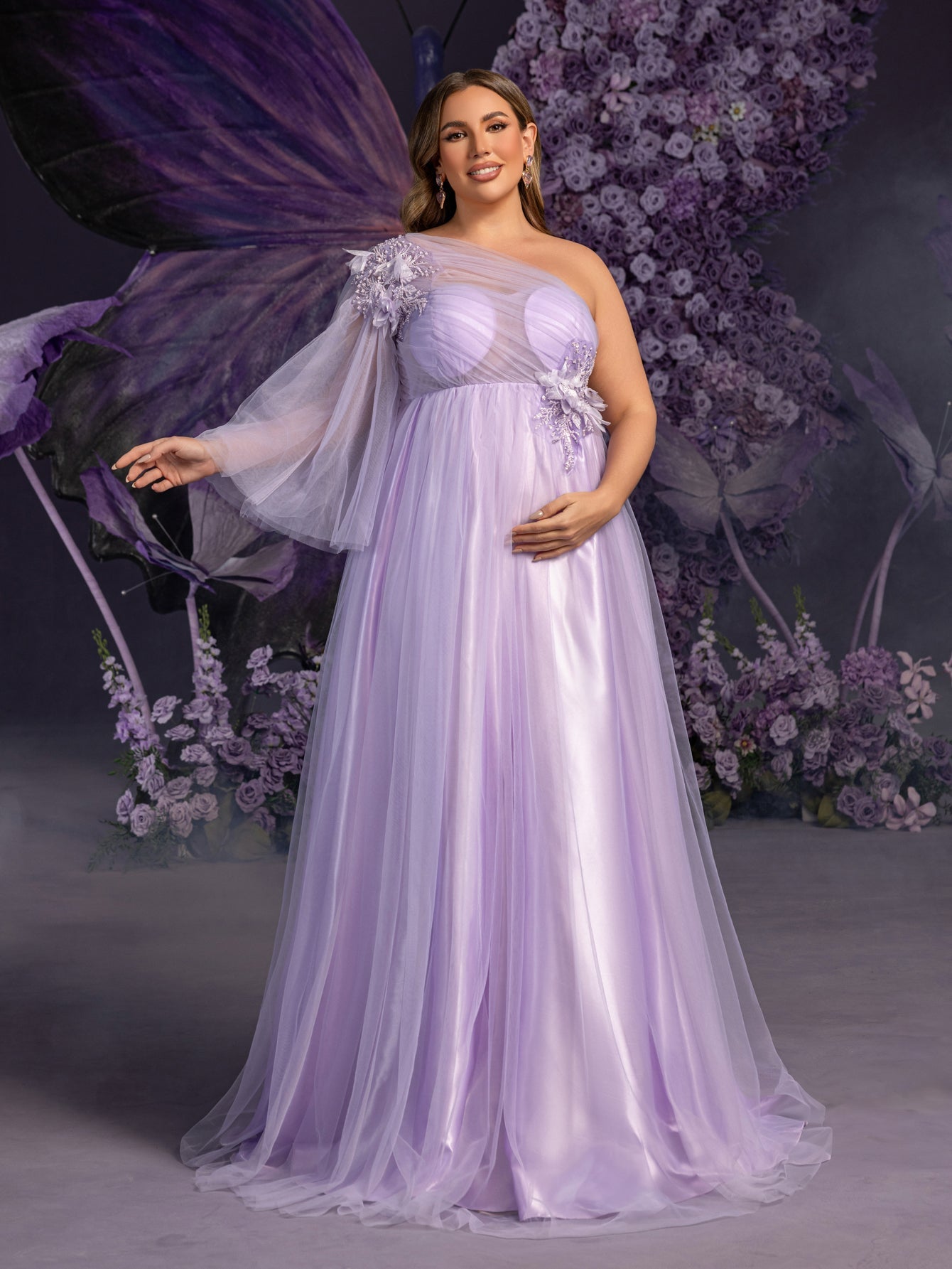 Plus Maternity Applique Details One Shoulder Tulle Evening Dress Violet / 1XL Plus Maternity Applique Details One Shoulder Tulle Evening Dress Violet / 1XL