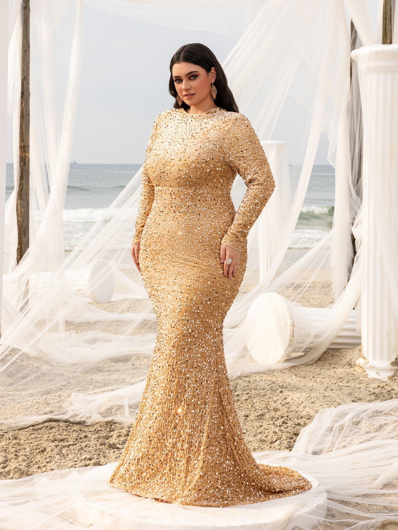 Plus Elegant Maxi Sequin Evening Gown with Mock Neck, Long Sleeves, and Mermaid Fishtail Skirt