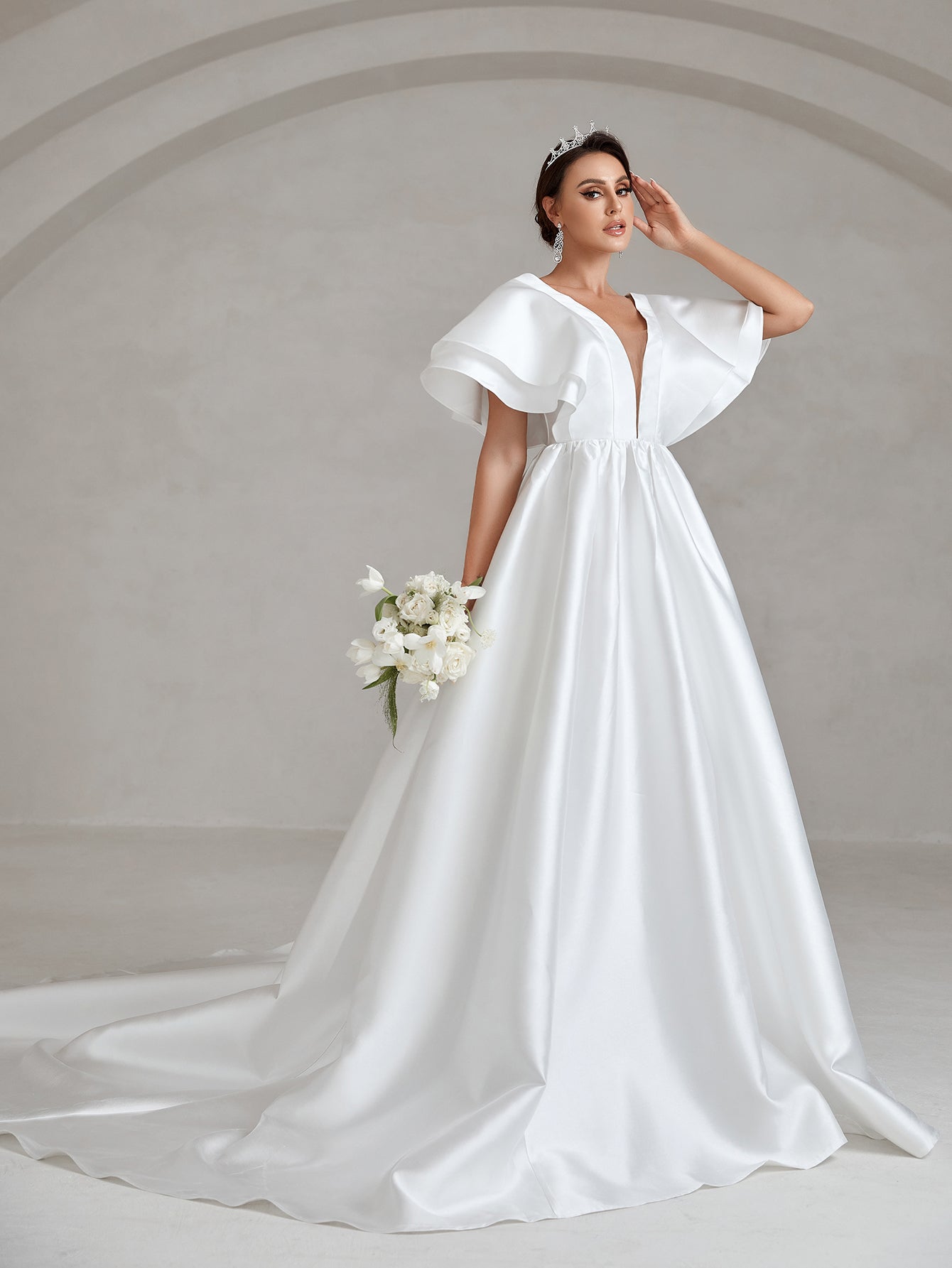 Backless Ruffle Layered Sleeve Wedding Dress
