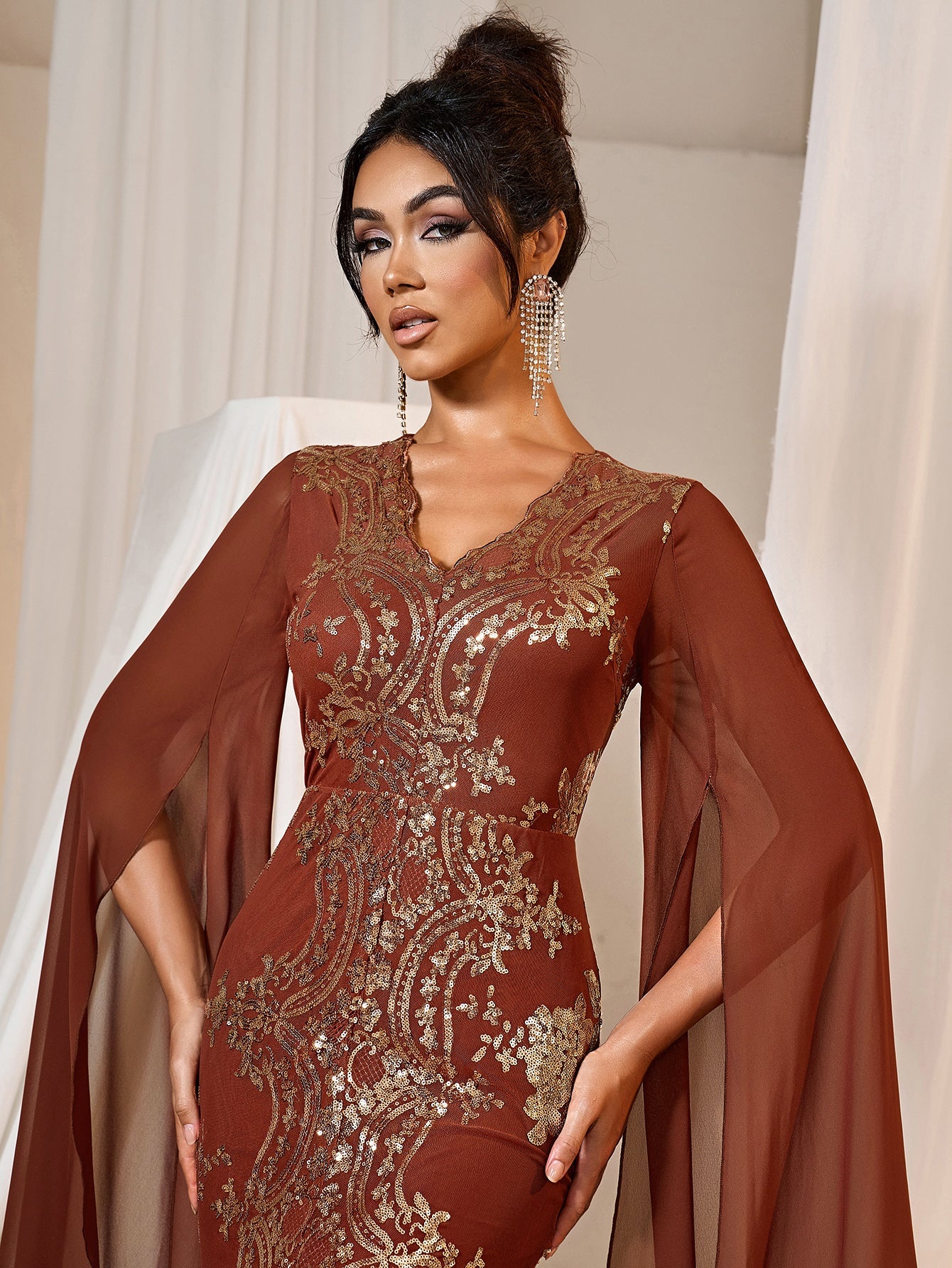 Gorgeous Sequin Embroidery Evening Gown - V-Neck Mermaid Dress with Cape Sleeves & High Slit