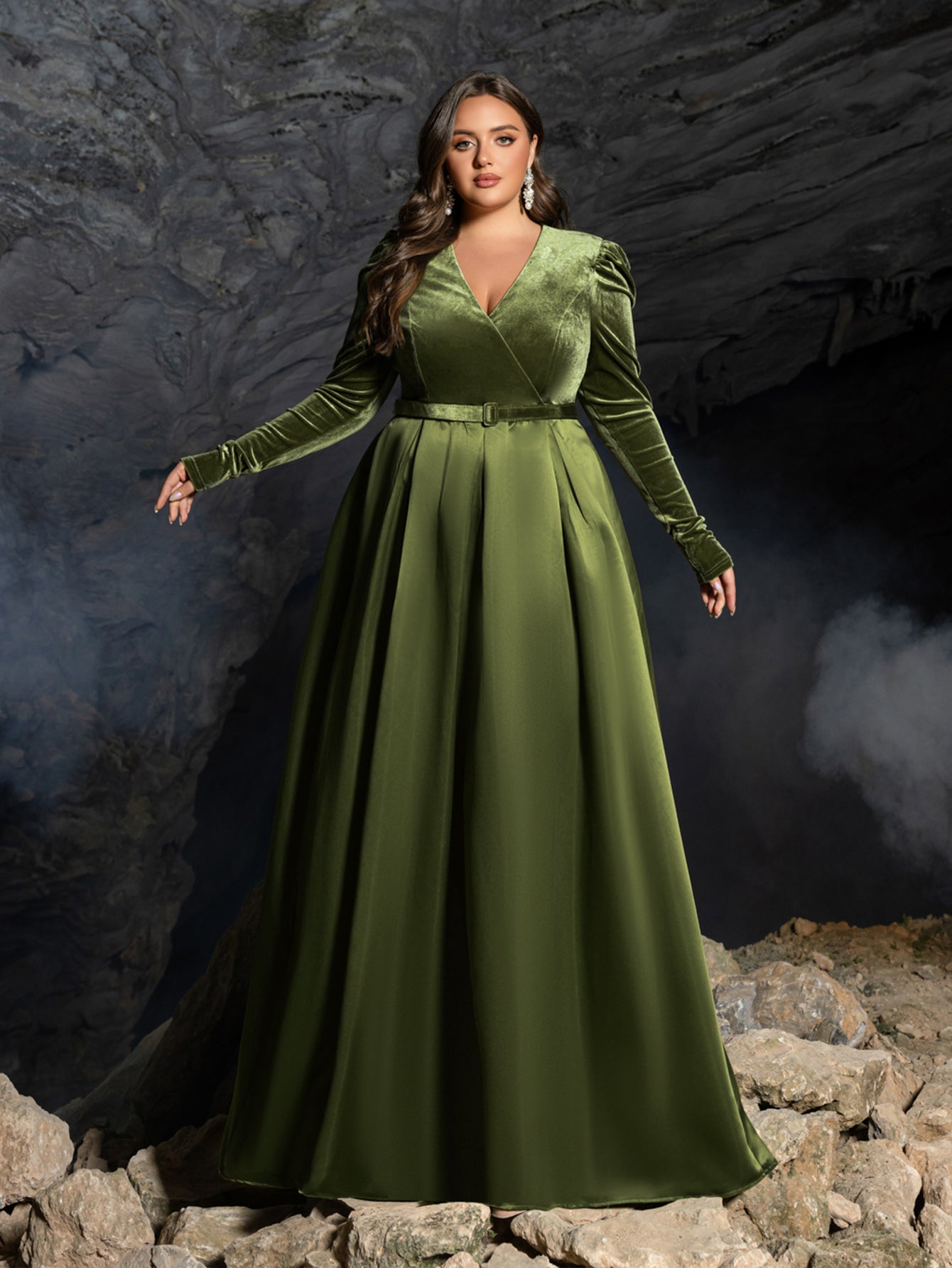 Plus V Neck Long Sleeve Belted Satin A Line Dress – Faeriesty