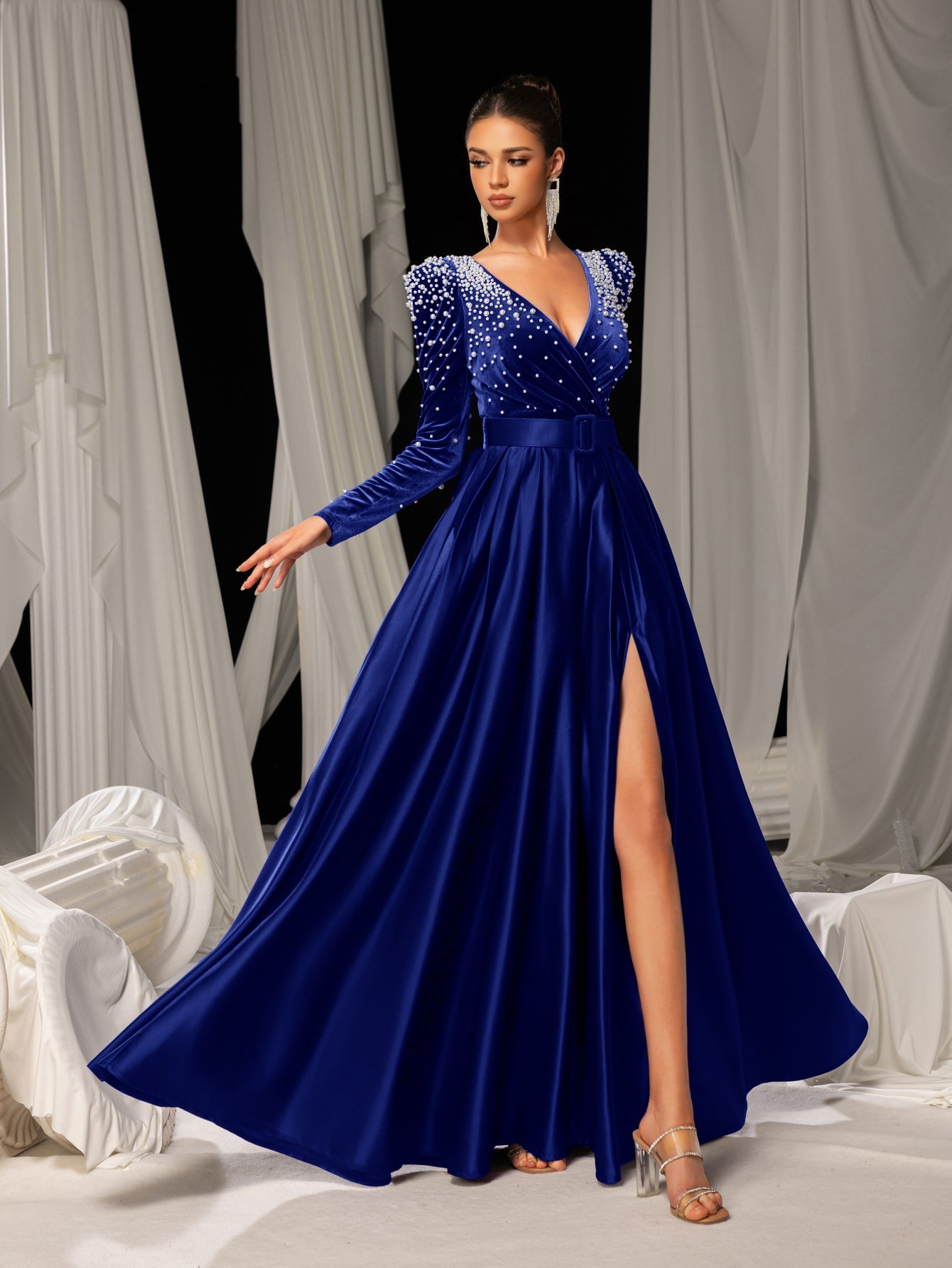 deep v dress red carpet Elegant Evening Gown with Deep V-Neck & Side Slit Luxurious Satin G Royal Blue / M