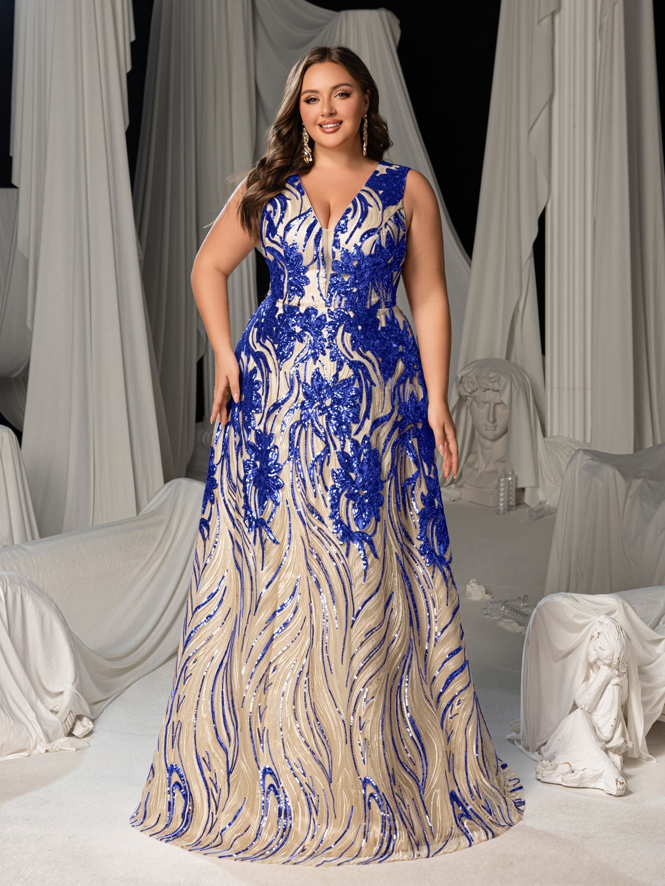 Plus Floral Sequin V Neck Sleeveless A-Line Formal Dress