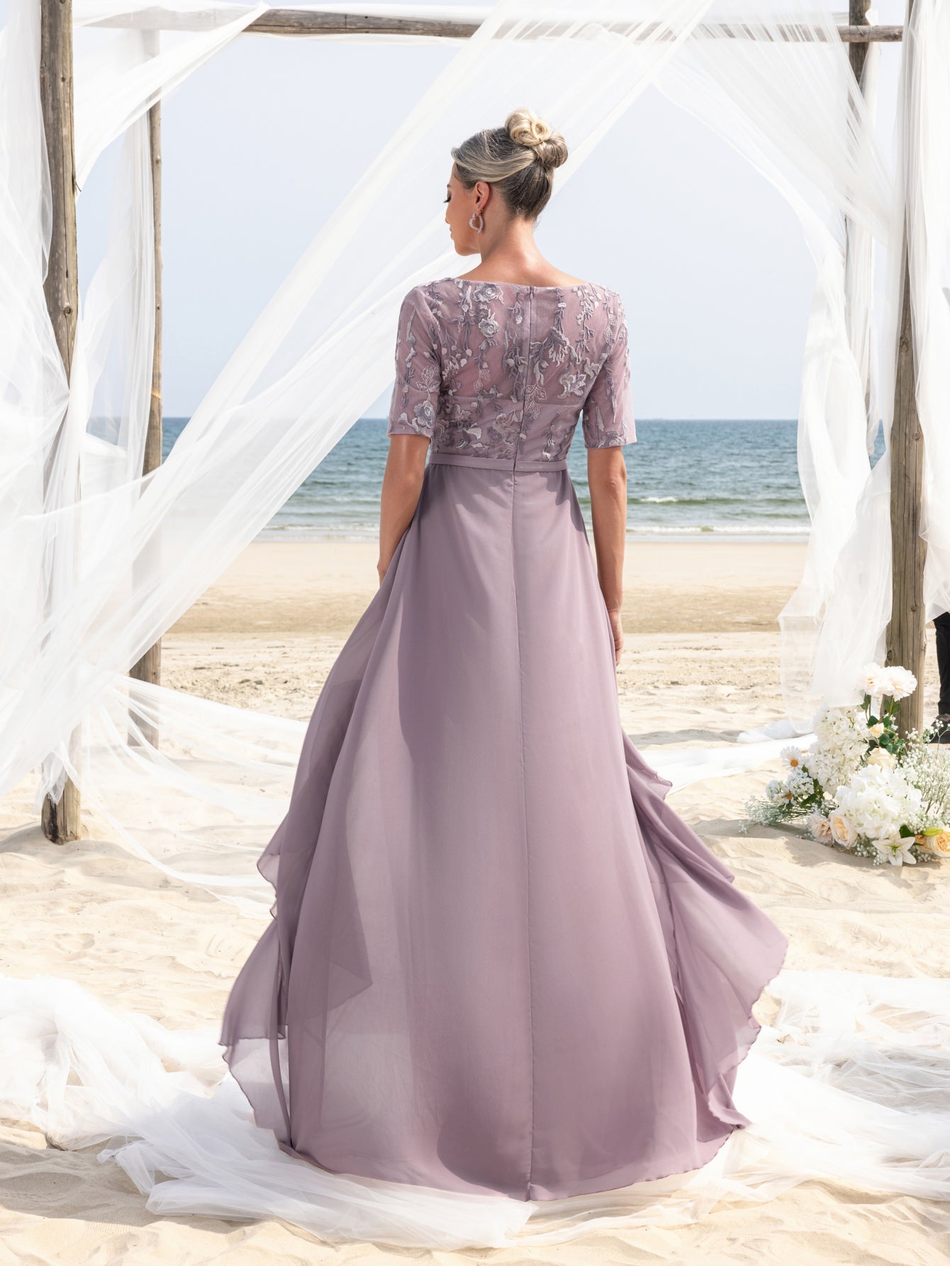 Womens' Chiffon Floor-Length Evening Gown with Short Sleeves & Floral Lace – Elegant Mother of the Bride Dress with Layered Ruffle for Coastal Events, Evening Banquets & Family Gatherings