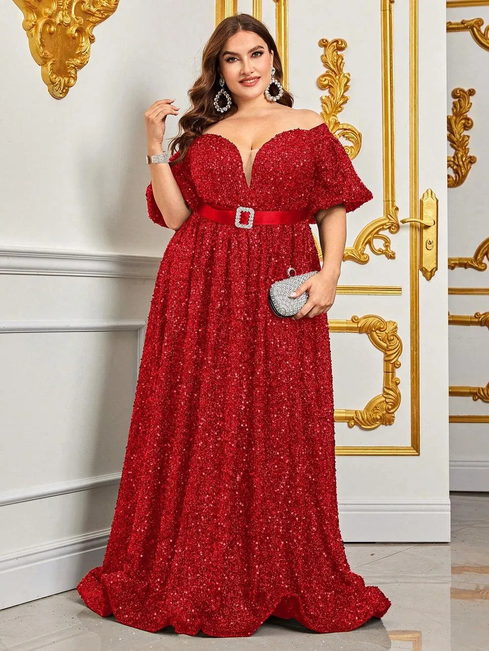 Plus Off Shoulder Puff Sleeves Sequin Formal Dress Black / 3XL Plus Off Shoulder Puff Sleeves Sequin Formal Dress Black / 3XL