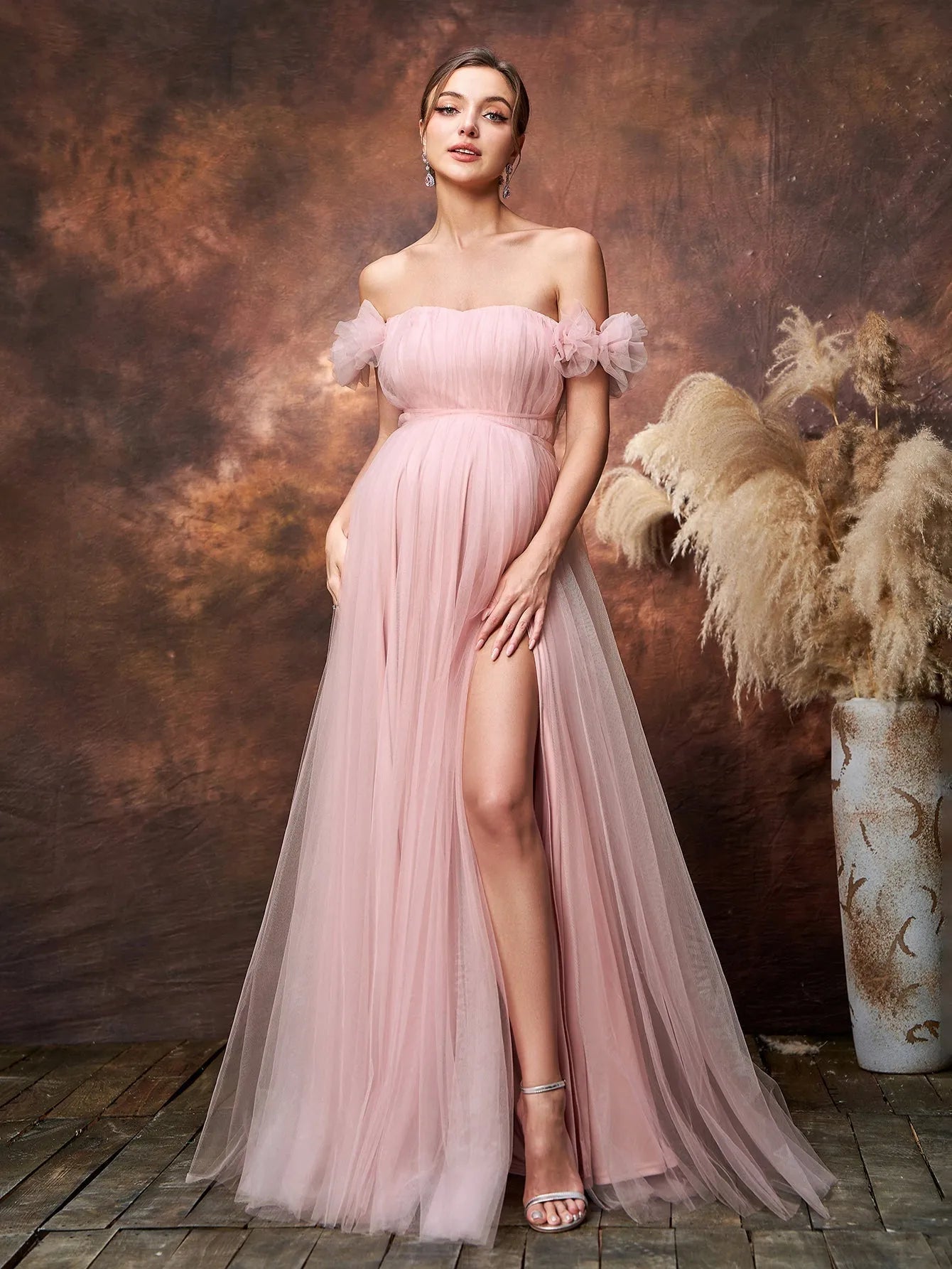 Maternity Off Shoulder Ruched Bust Split Tulle Evening Dress Blue Ashes / L Maternity Off Shoulder Ruched Bust Split Tulle Evening Dress Blue Ashes / L