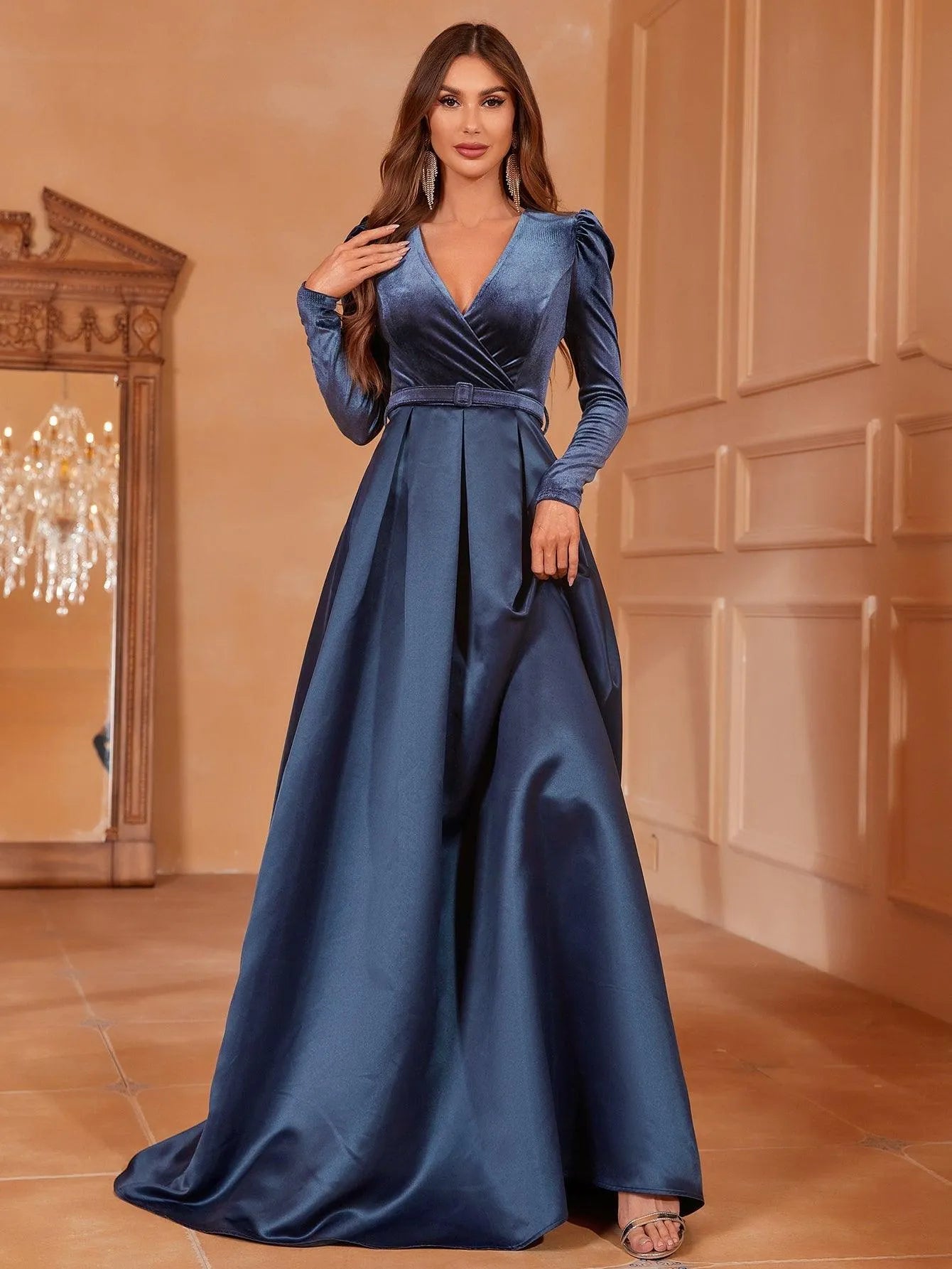 Surplice Neck Long Sleeves Belted Satin A Line Dress Navy blue / XS Surplice Neck Long Sleeves Belted Satin A Line Dress Navy blue / XS