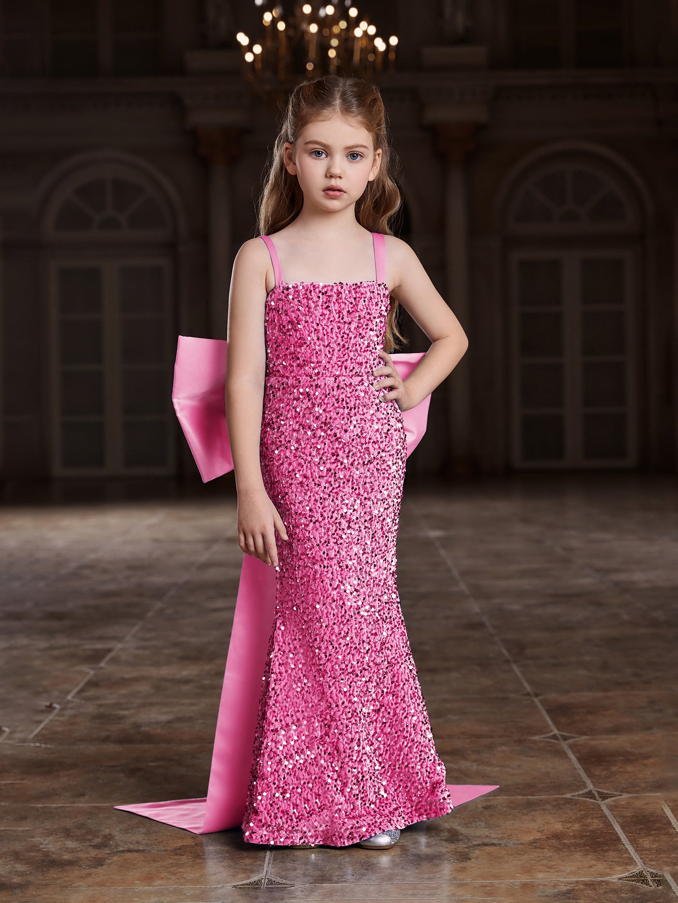 Tween Girls' Square Collar Sequin Mermaid Dress with Big Bow Champagne / 12Y Tween Girls' Square Collar Sequin Mermaid Dress with Big Bow Champagne / 12Y