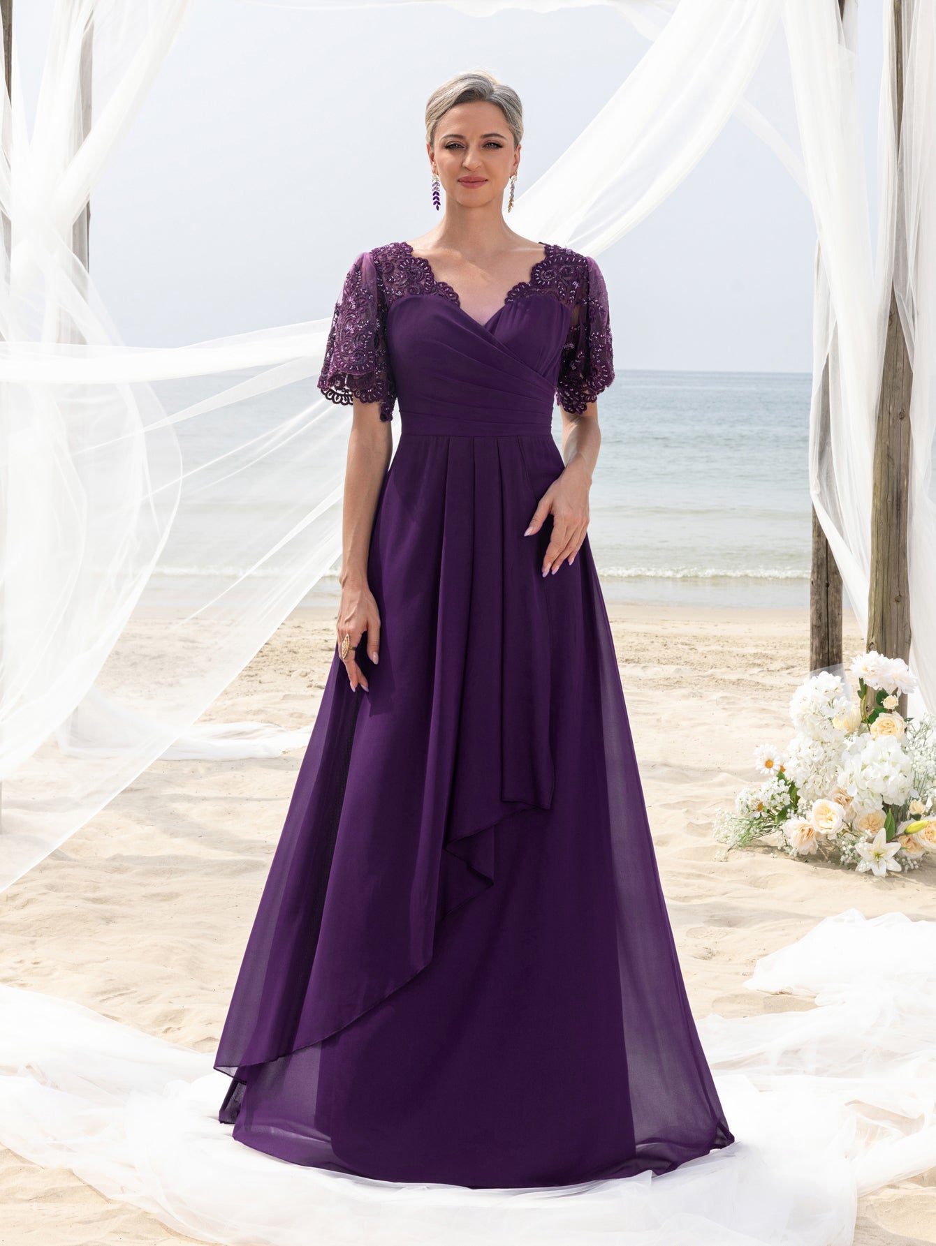 Womens' Evening Gown with Lace Short Sleeves, Sparkling Beaded Accents & Flowing Cascading Skirt – Dramatic Deep V-Neck Formal Dress