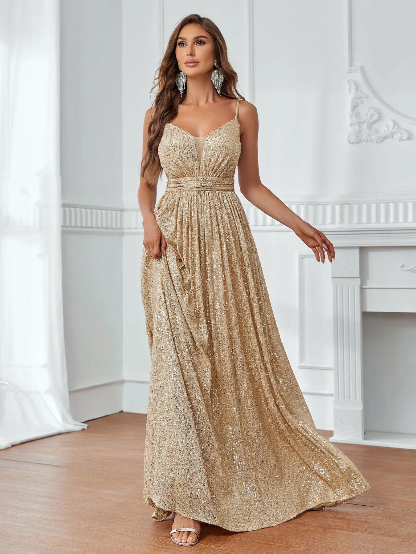 Elegant Plunging Neck A Line Sequin Slip Dress Champagne / XS Elegant Plunging Neck A Line Sequin Slip Dress Champagne / XS