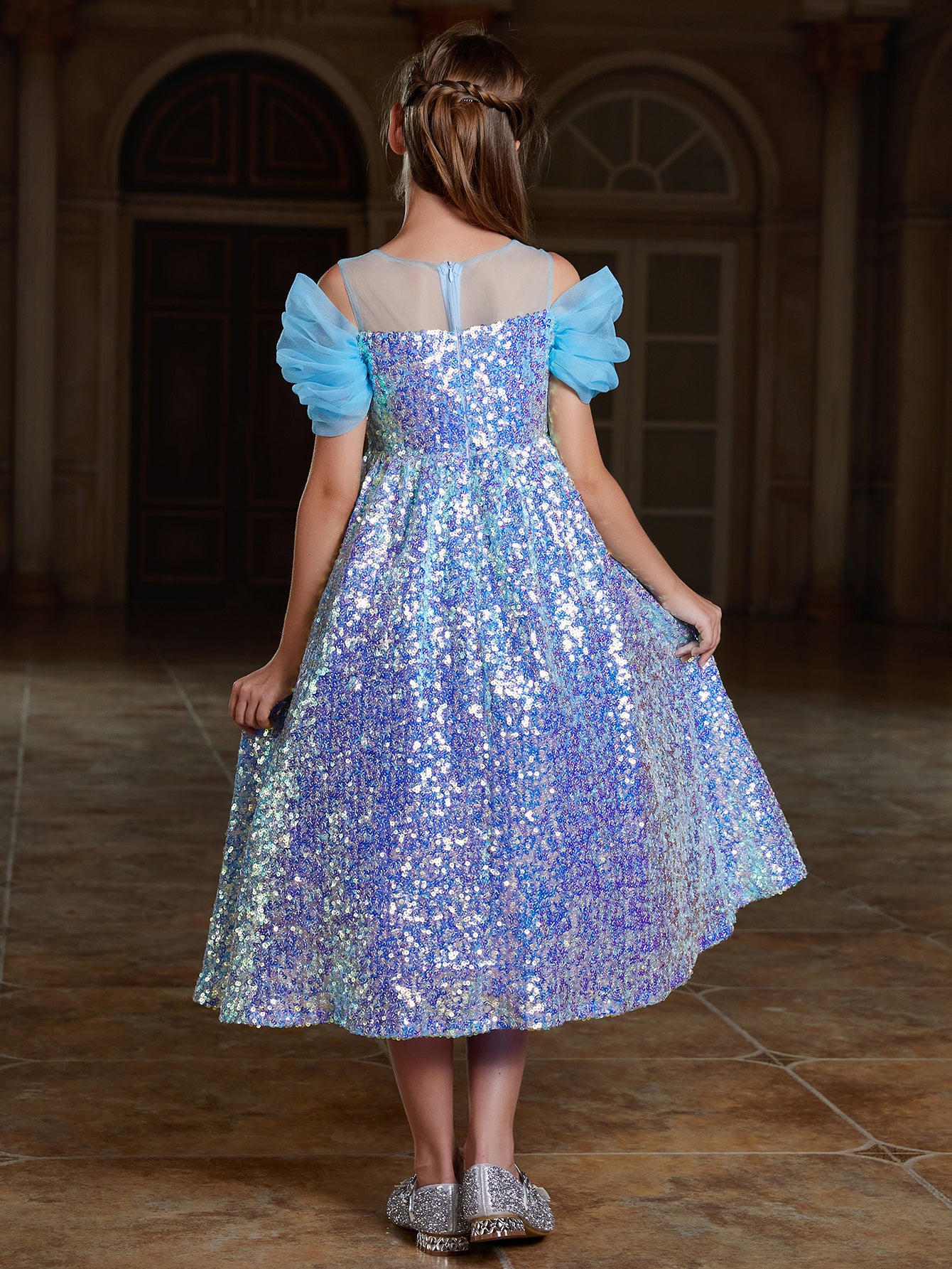 Girl's Bow Front Sequin A Line Dress