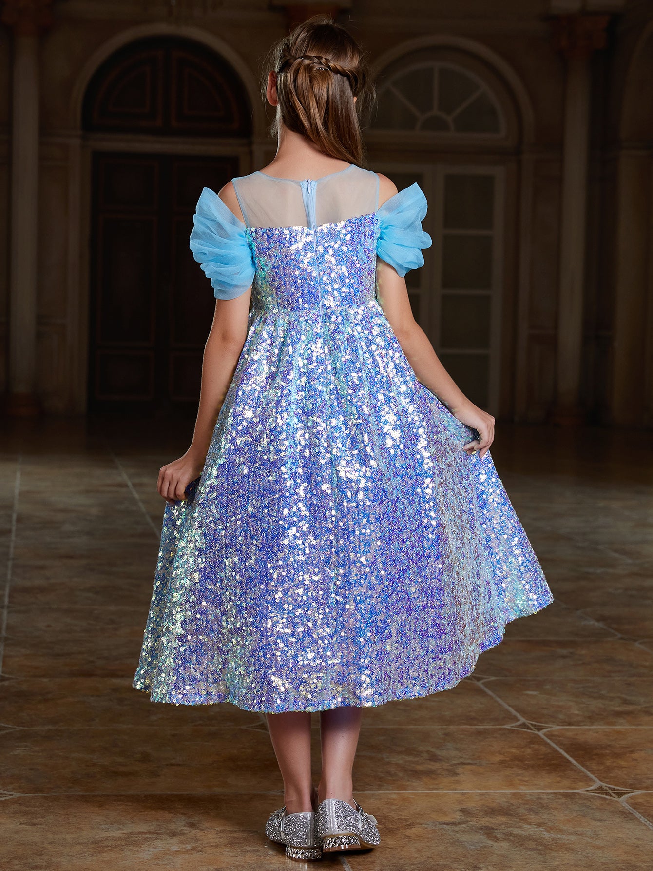 bow blue sequinned line dress Sky Blue Sequin Ball Gown With Crossover Bow For Girls