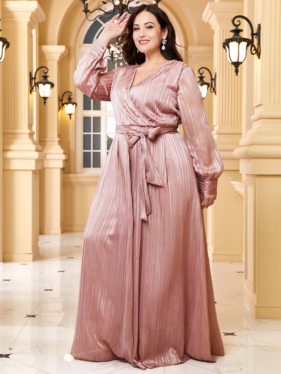Plus Elegant V Neck Long Sleeve Chiffon Print Dress