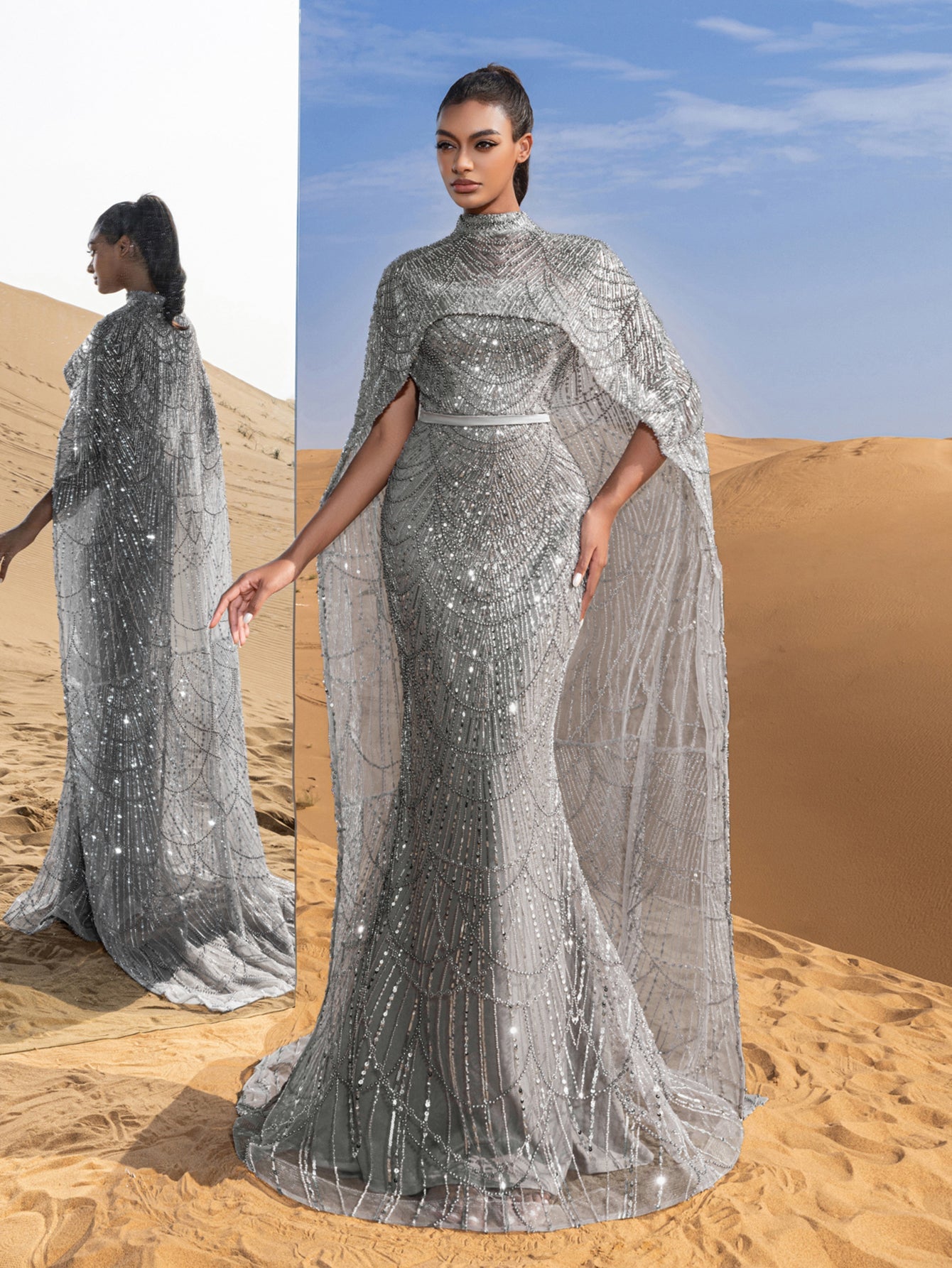 Luxury Gorgeous Mock Neck Mermaid Hem Beaded Sequin Cape Dress Light Blue / S Luxury Gorgeous Mock Neck Mermaid Hem Beaded Sequin Cape Dress Light Blue / S