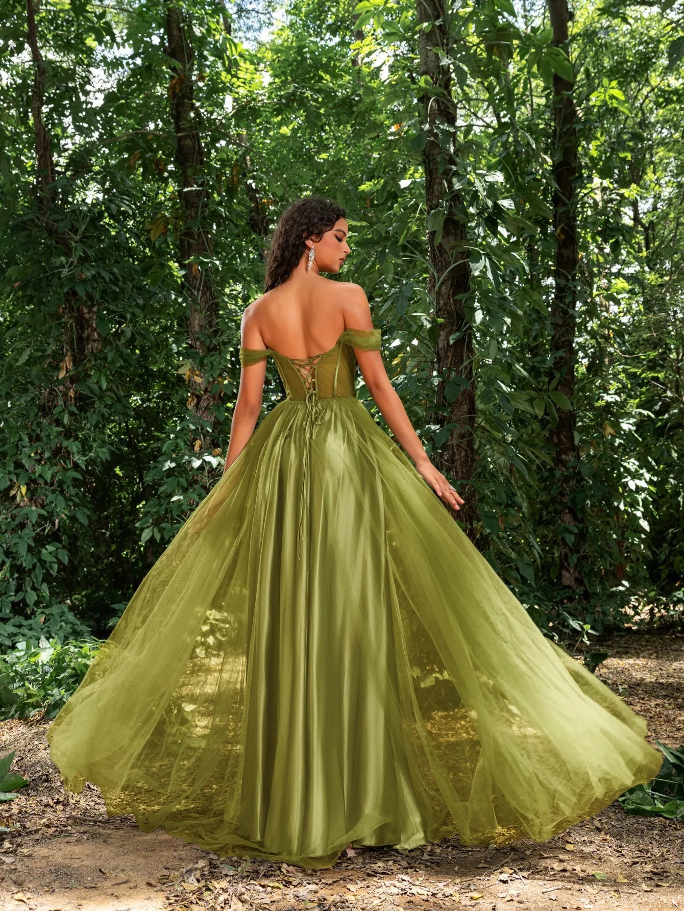 Gorgeous Floral Applique Detail Off Shoulder Split Tulle Formal Prom Green / S