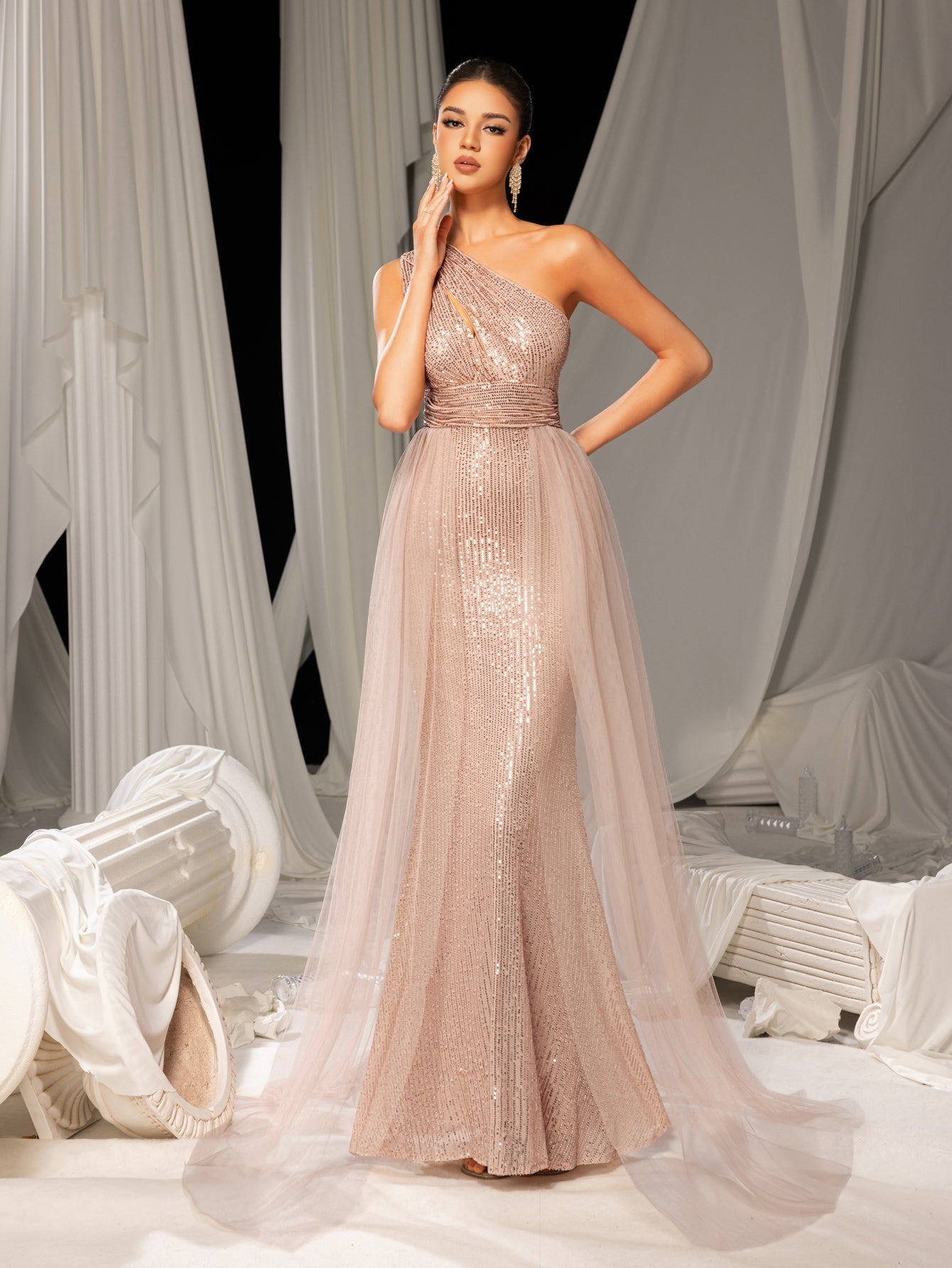 Elegant One Shoulder Sleeveless Mesh Overlay Sequin Formal Prom Dress Champagne / Xs Elegant One Shoulder Sleeveless Mesh Overlay Sequin Formal Prom Dress Champagne / Xs