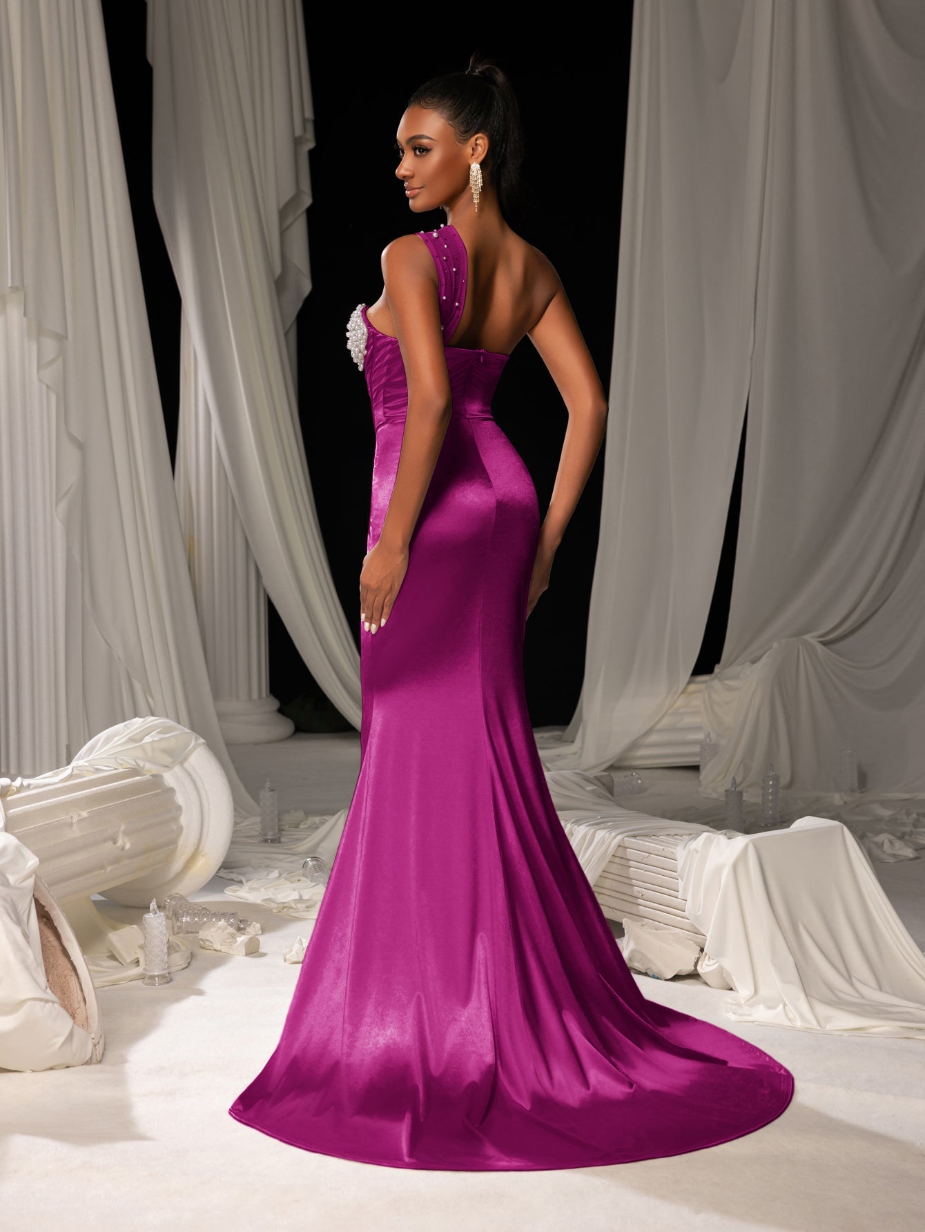 Elegant One Shoulder Mermaid Hem Satin Evening Dress with Pearl Accents