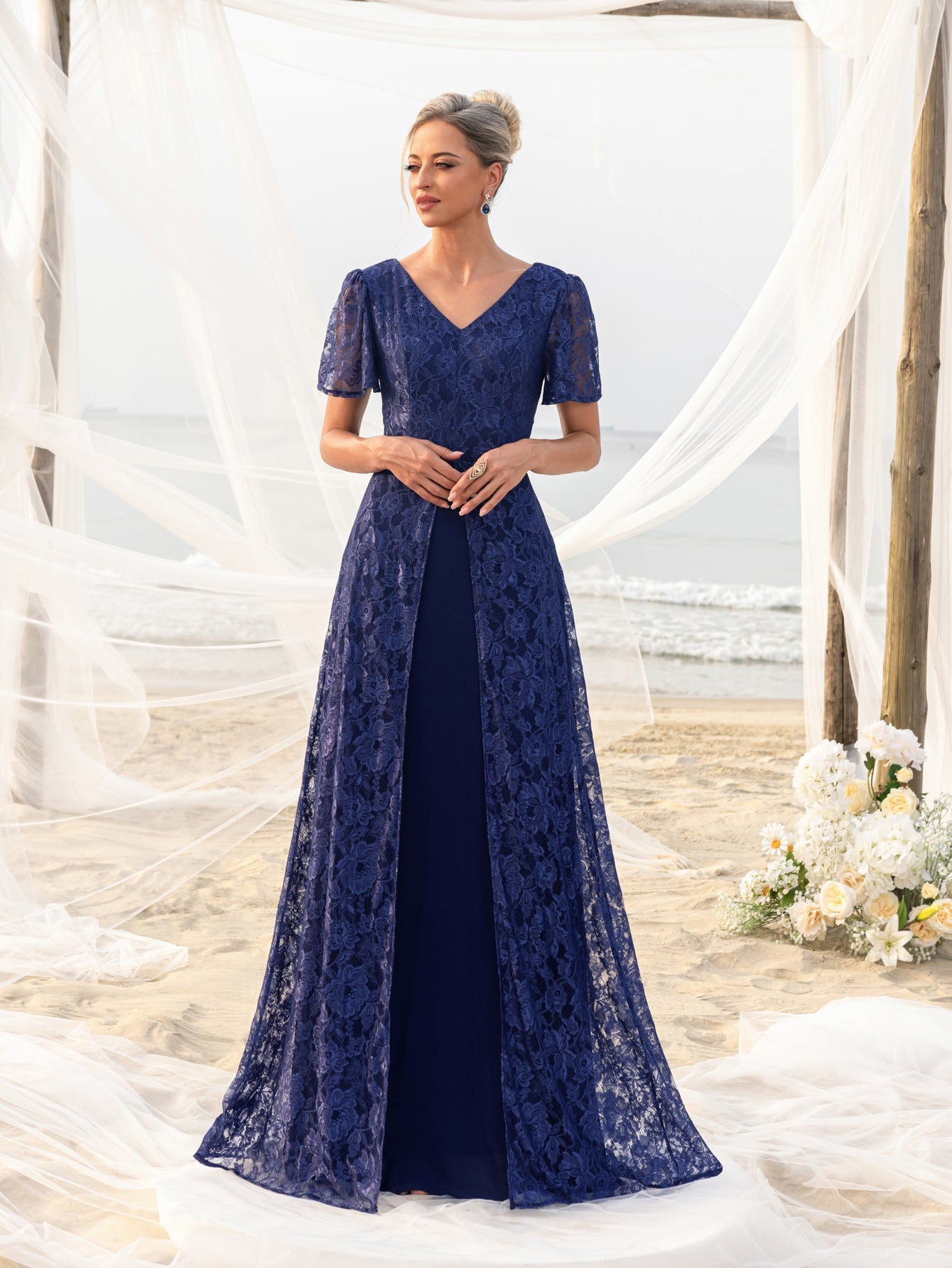 Womens' Elegant Lace Floor-Length Gown with V-Neck & Ruffle Sleeves – Elegant Floral Accents, Deep V-Back Design for Beach Weddings & Formal Evening Events