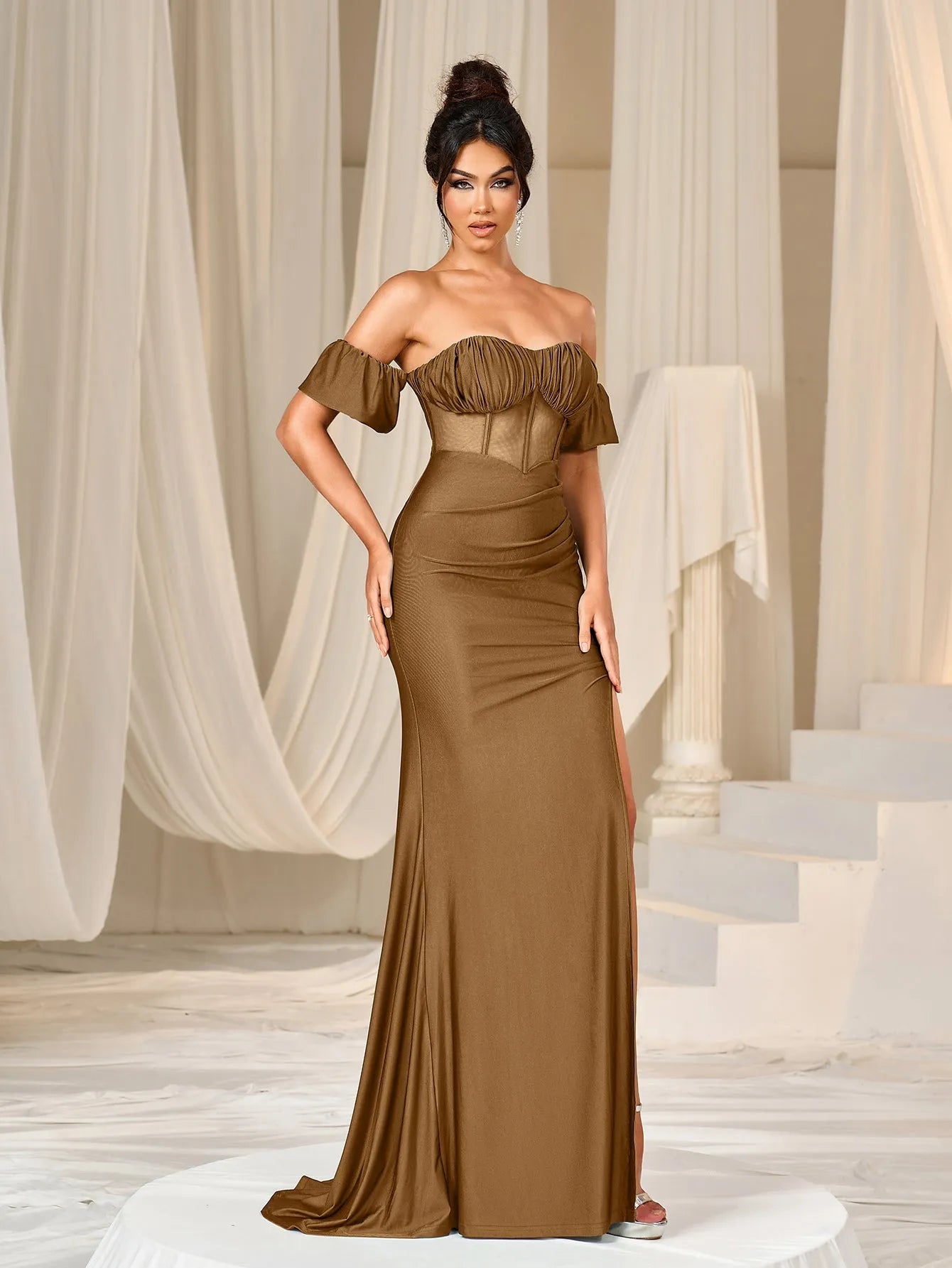 Elegant Off Shoulder Ruched Bust Split Mermaid Hem Evening Dress Faeriesty Elegant Off Shoulder Ruched Bust Split Mermaid Hem Evening Dress Faeriesty
