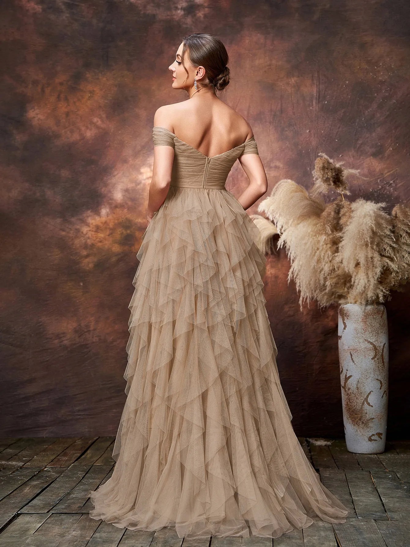 maternity evening dresses & formal gowns Maternity Off Shoulder Tiered Ruffle Hem Tulle Evening Dress Pink / XL