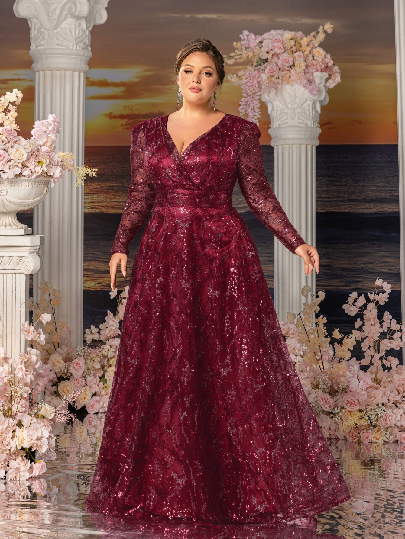 Plus Womens' Elegant Lace & Sequin Evening Gown - V-Neck Long Sleeve Design with Cinched Waist & Flowing A-Line Skirt for Coastal Weddings, Luxury Evening Events