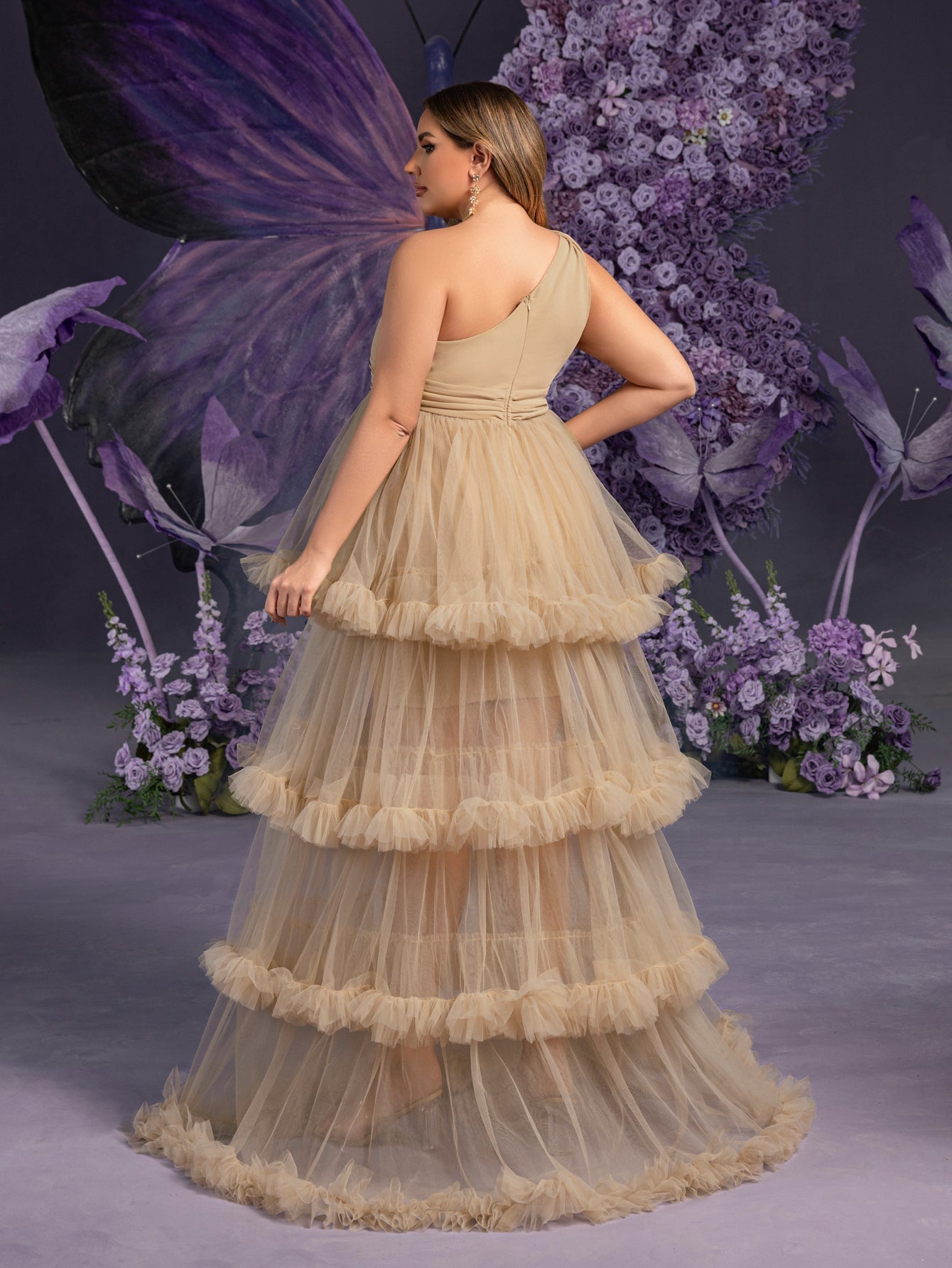 Plus Maternity  One Shoulder Sleeveless Tulle Layered Hem Party Dress