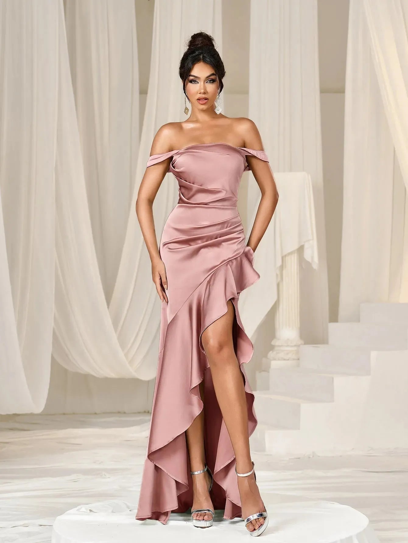 pink asymmetrical ruffle dress Pink Textured Ruffle Asymmetric Maxi Dress