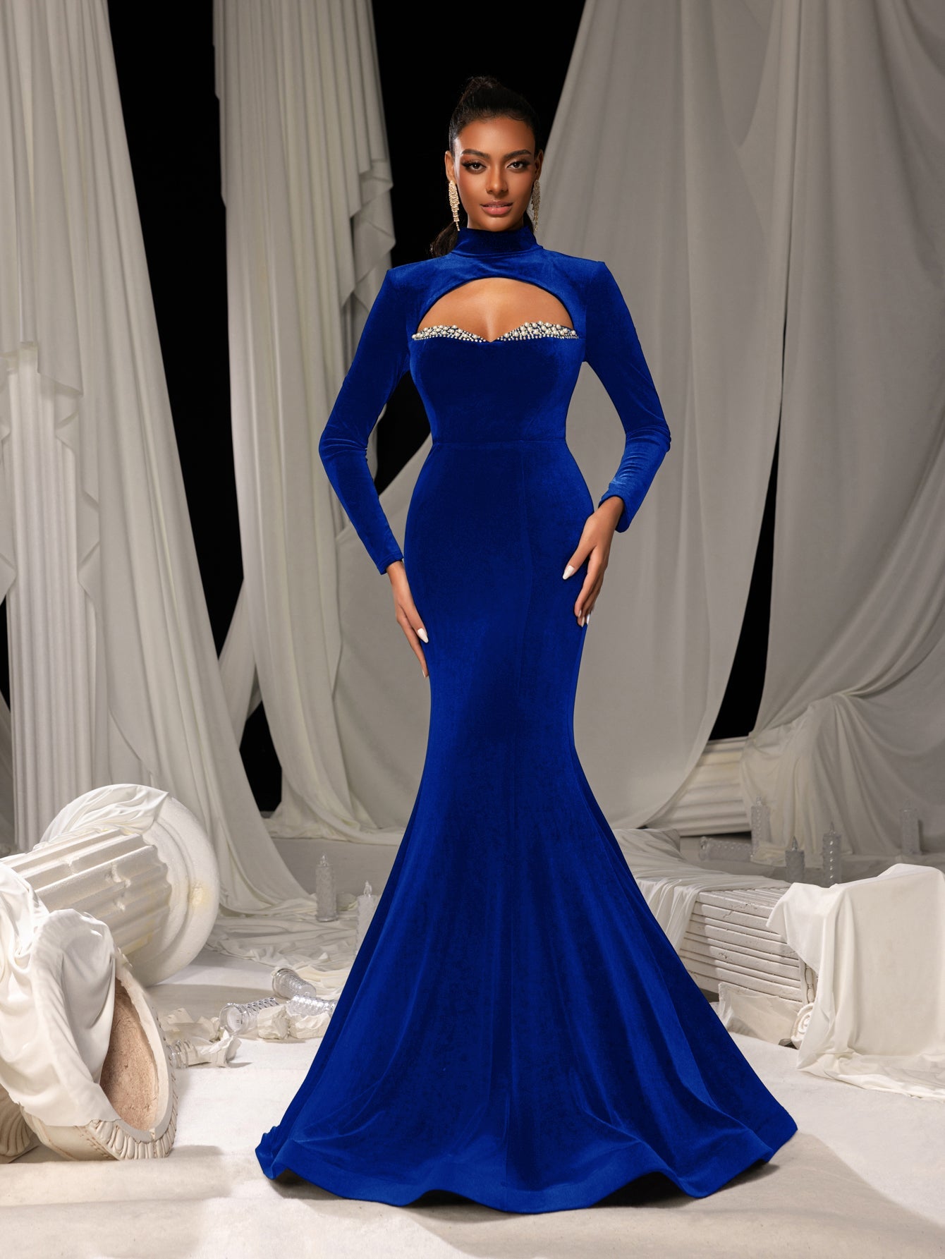 Elegant Velvet High-Neck Mermaid Gown with Chest Cutout, Rhinestone Accents & Floor-Length Train
