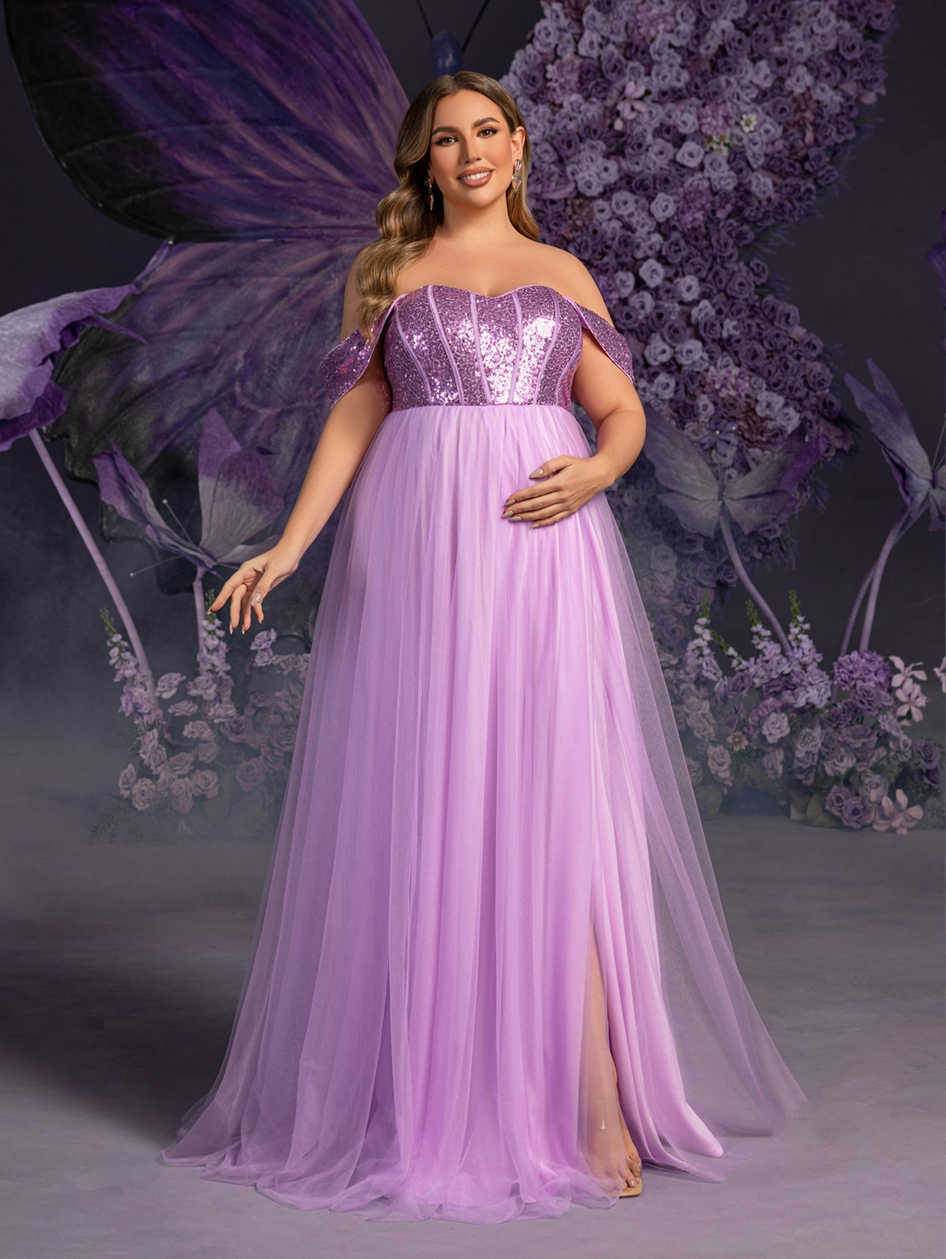 Plus Maternity  Off Shoulder Sequin Bodice Contrast Tulle Evening Dress