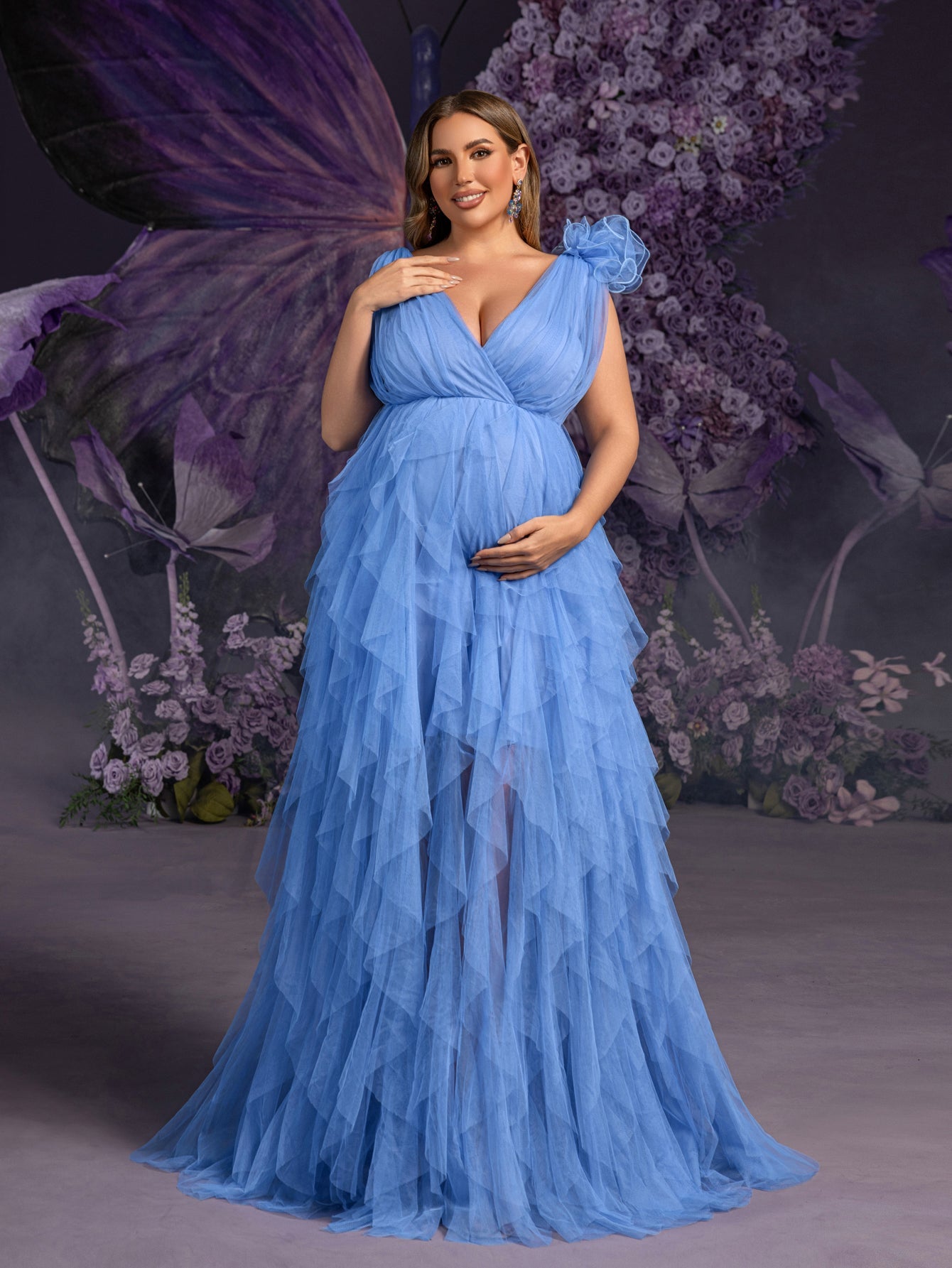 Plus Maternity Plunging Neck Stereo Flower Mesh Overlay Party Dress
