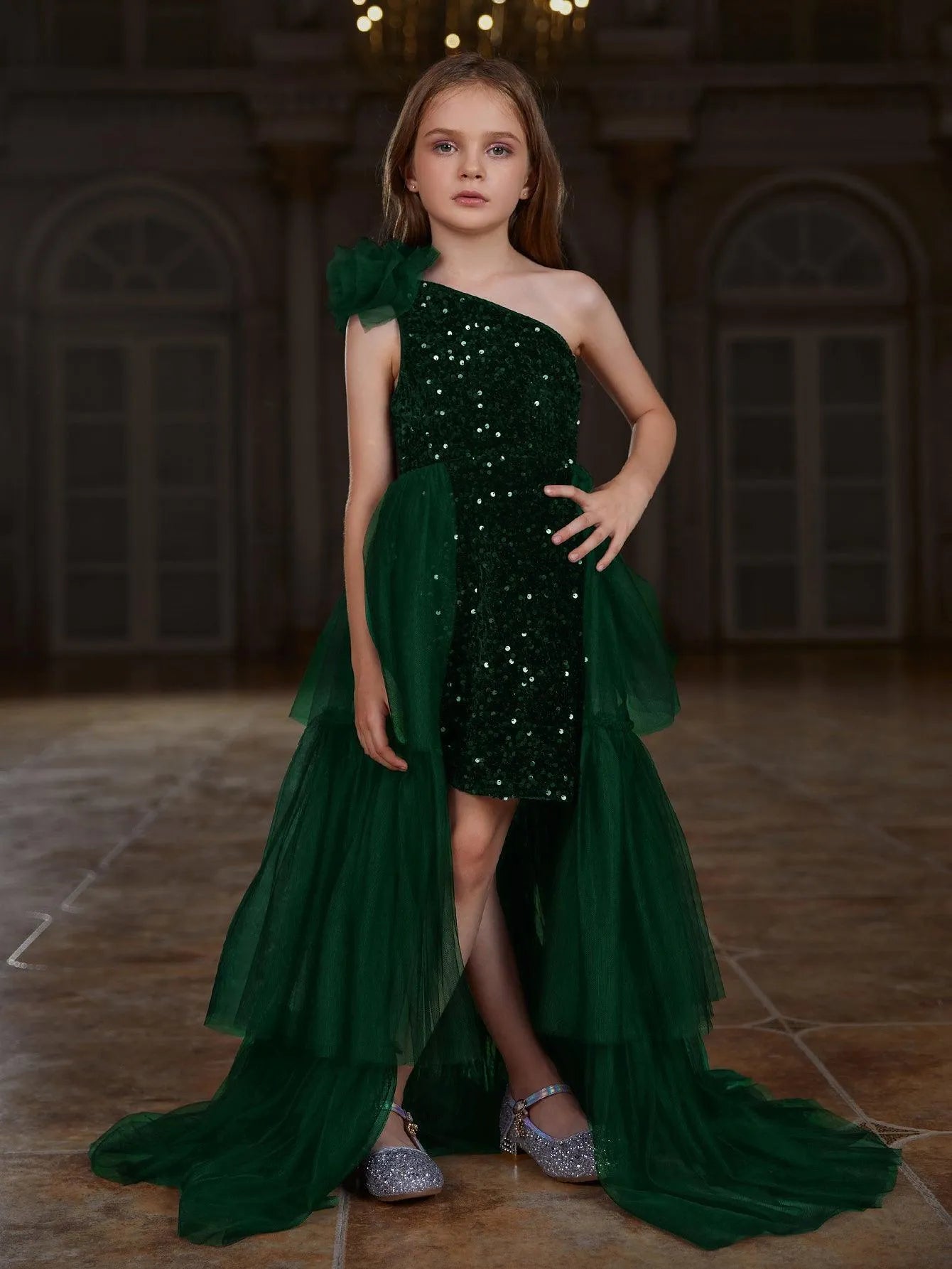 Tween Girls' One Shoulder Mesh Layered Hem Sequin Dress Army Green / 11Y Tween Girls' One Shoulder Mesh Layered Hem Sequin Dress Army Green / 11Y