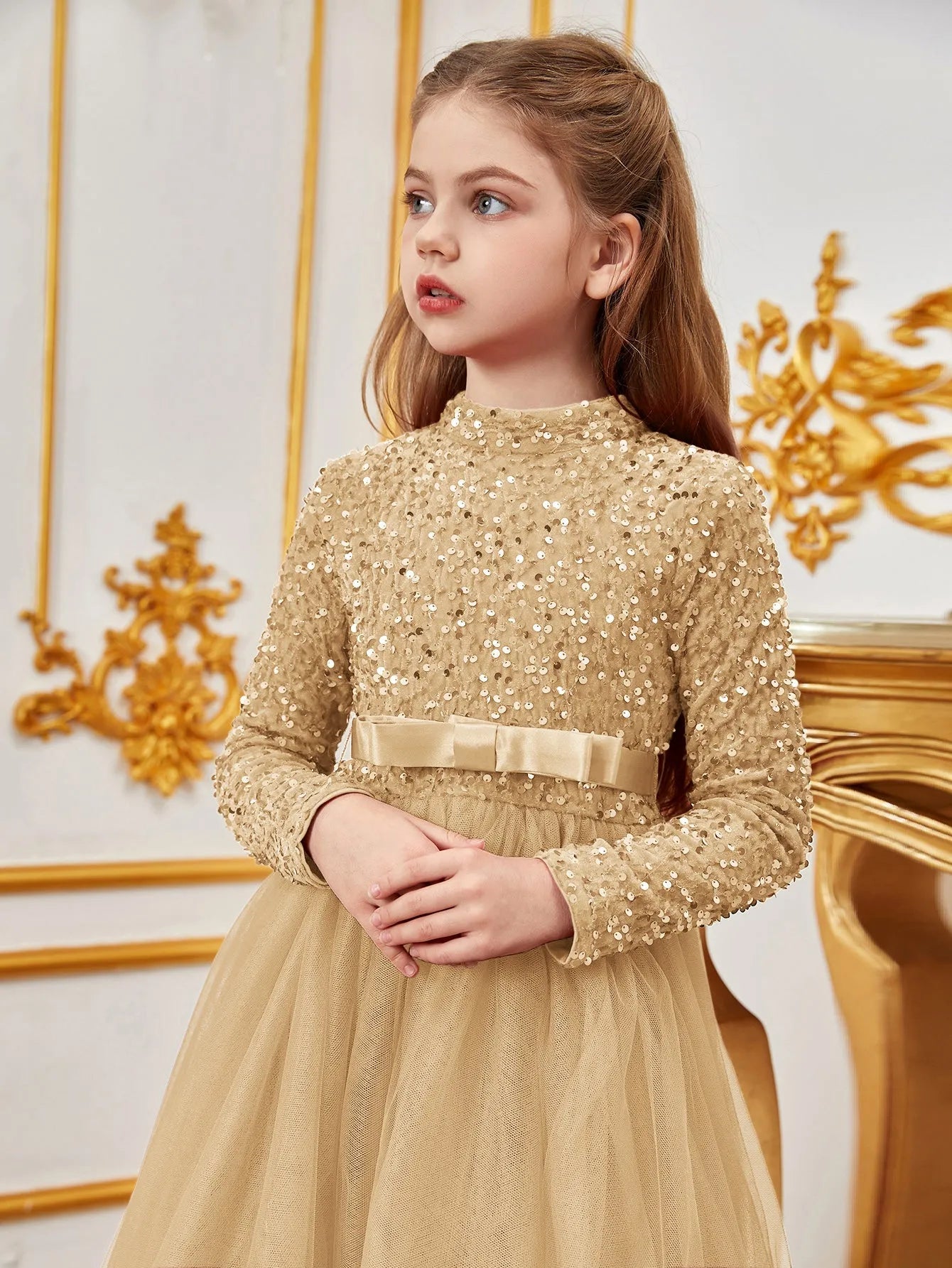 Tween Girls' Mock Neck Bow Detail Sequin Party Dress Red / 11Y