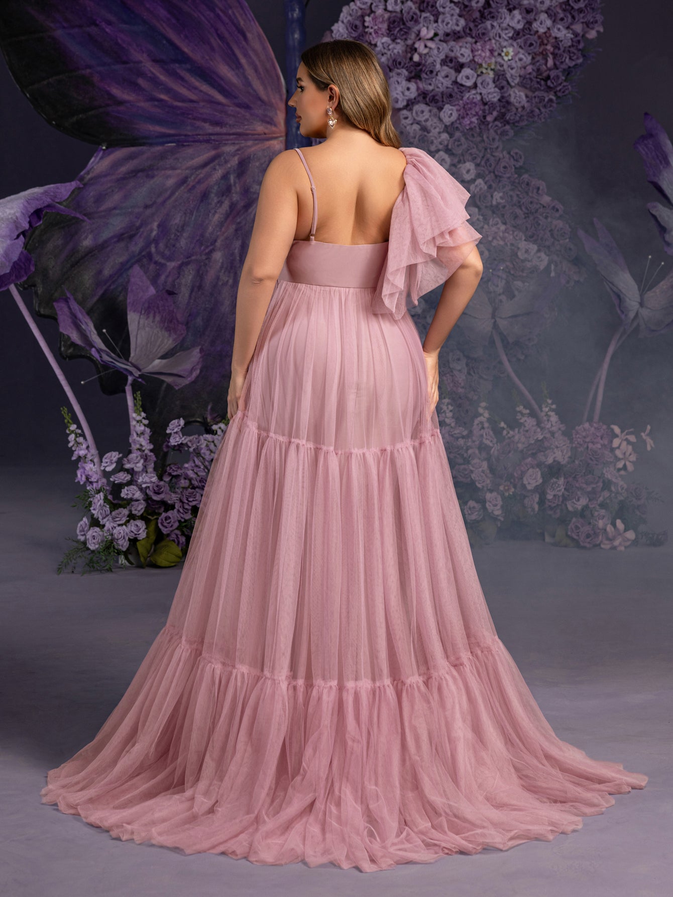 tiered ruffle ruched cami dress Maternity Ruched Bust Layered Hem Mesh Ruffle Cami Dress Mauve / L